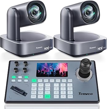 Tenveo 4K NDI PTZ Camera and Controller Bundle, AI Auto-Tracking HDMI/USB3.0/LAN/PoE PTZ Camera2PCS and PTZ Controller PoE Joystick Controller Kit for Church Live Streaming Broadcast Events