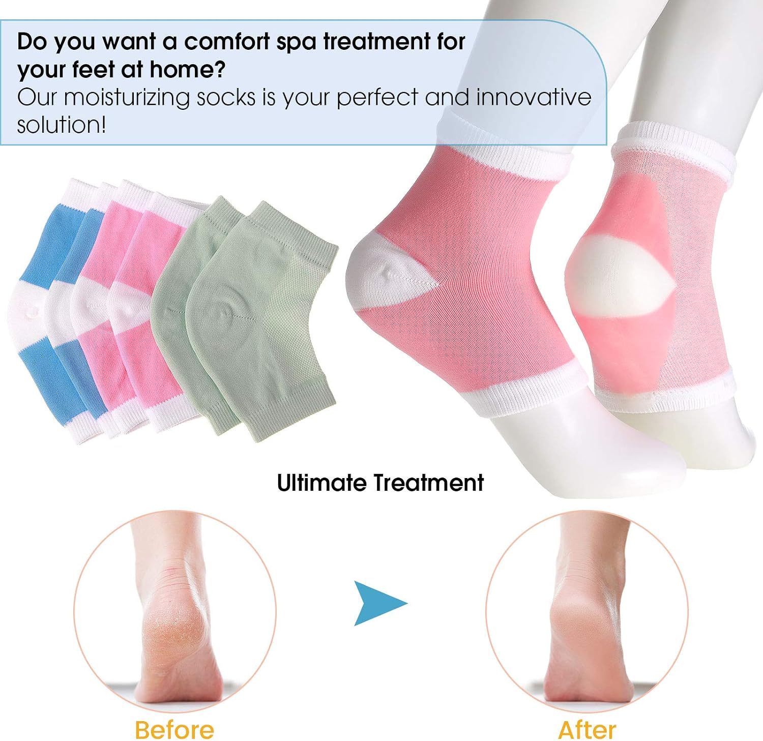 JaGely 7 Pairs Gel Moisturizing Socks for Dry Skin, Toeless, Washable & Reusable, Giftable, Softens Rough Heels & Feet