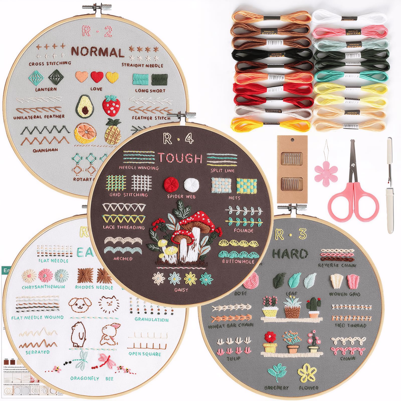 Lecqizu Kit Ricamo Per Adulti Principianti – Starter Set 4 Pezzi Con 33 Punti E Telaio