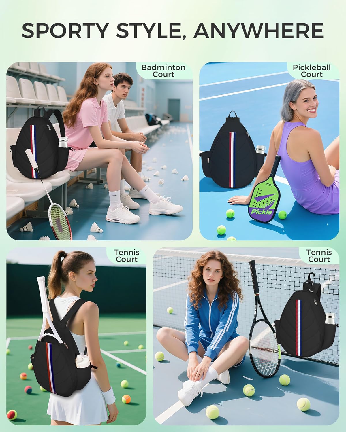 Tennis Bag, Water Resistant Tennis Backpack for Women Men, Quilted Crossbody Sling Design for Tennis, Pickleball, Badminton Rackets
