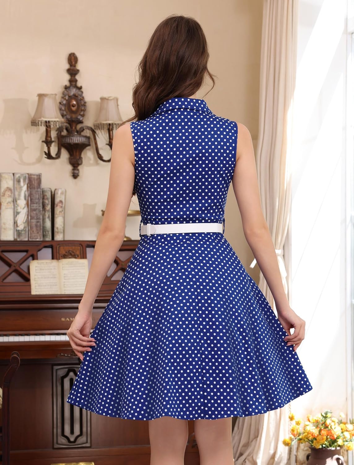 Women's 1950s Retro Polka Dot Vintage Dress Sleeveless Cocktail Prom Swing Midi Belt Dresses Notched Lapel - Image 5