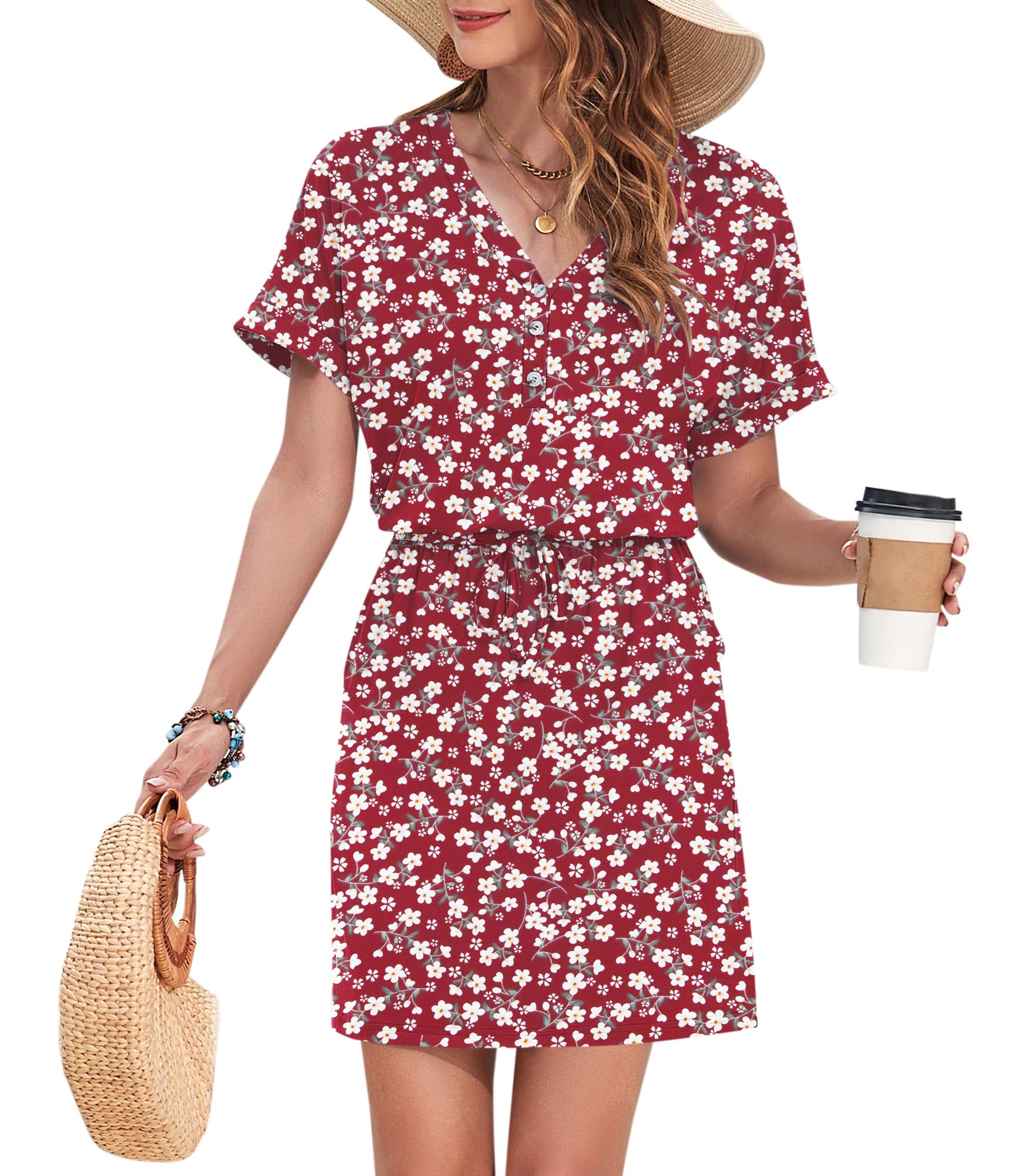 AUSELILY Womens Summer Dress 2026 Casual Short Sleeve Sundress V Neck Tie Button Beach Swing Dresses with Pockets