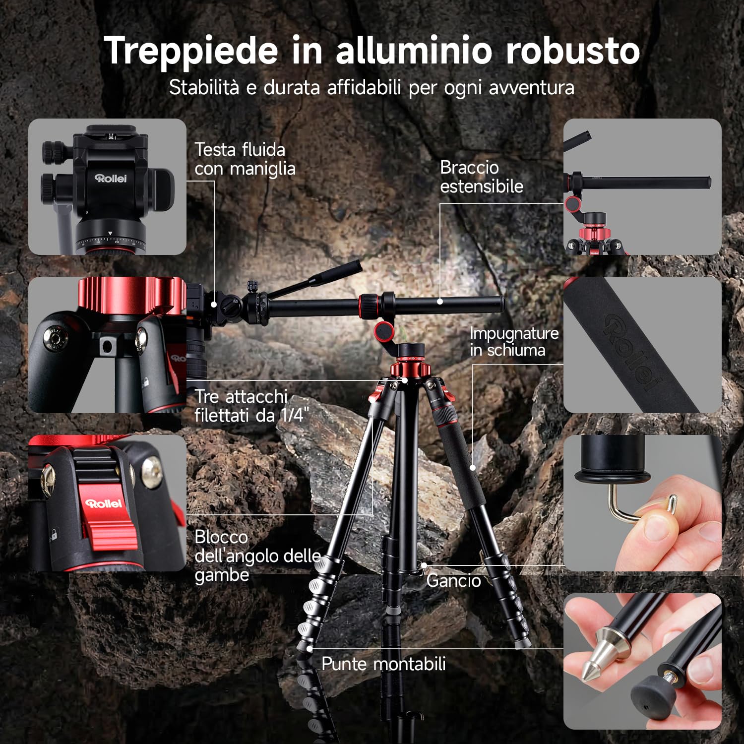 Treppiede Fotocamera 212cm Rollei Compact Traveler No.2 XL Video Cavalletto Fotografico in Alluminio con Braccio Orizzontale Testa Fluida Funzione Monopiede Camera Tripod con Supporto per Telefono