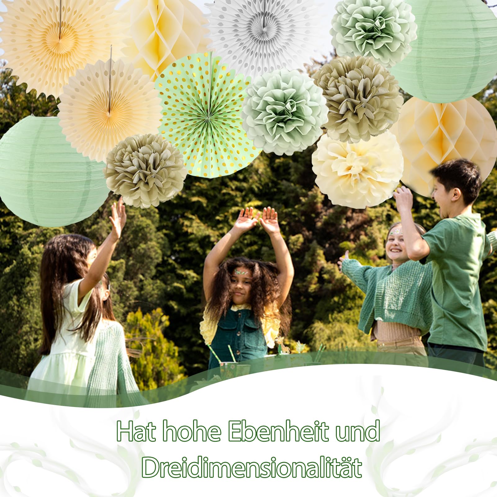 15 Pezzi Decorazioni Feste Sage Green con lanterne Carta, Sfere Carta, Ventilatori carta, Pois Dorati Fiori, Decorazioni in carta verde,per Compleanno, Baby Shower