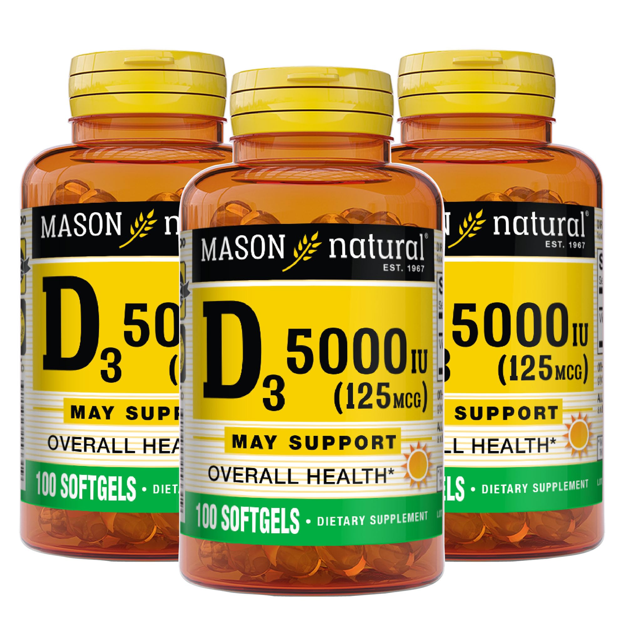 MASON NATURAL Vitamin D3 125 mcg (5000 IU) - Supports Overall Health, Strengthens Bones and Muscles, from Fish Liver Oil, 50 Softgels (Pack of 3)