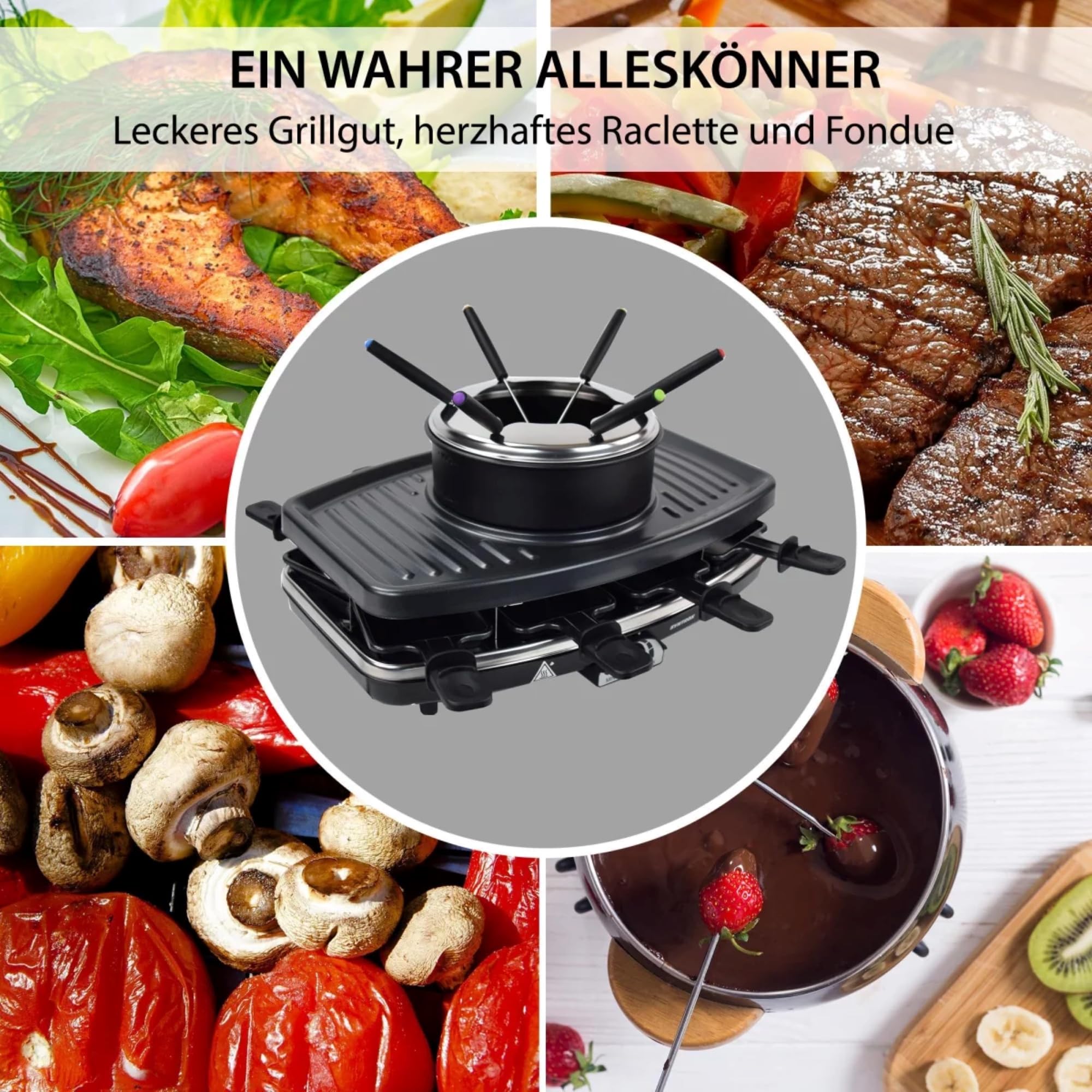 Syntrox Germany Raclette-Grill emailliert Liles mit Fondue, Tischgrill. 1100Watt, Partygrill, Elektrogrill, Antihaftbeschichtet, Multifunktionsgerät, inklusive Rezepte, Grillen von Fleisch