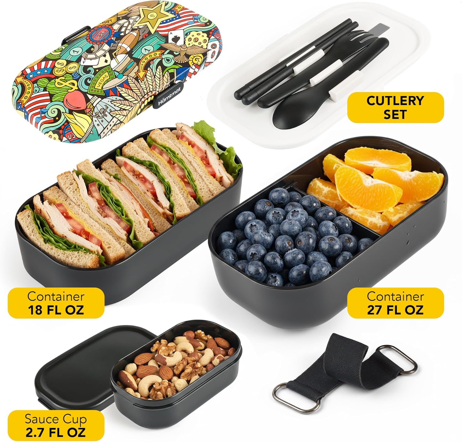 Adult Bento Box Lunch Container with Compartments for Work & Meal Prep, Set of Utensil & Chopsticks, Microwave & Dishwasher Safe, Leakproof Reusable Japanese Food Storage - Image 3