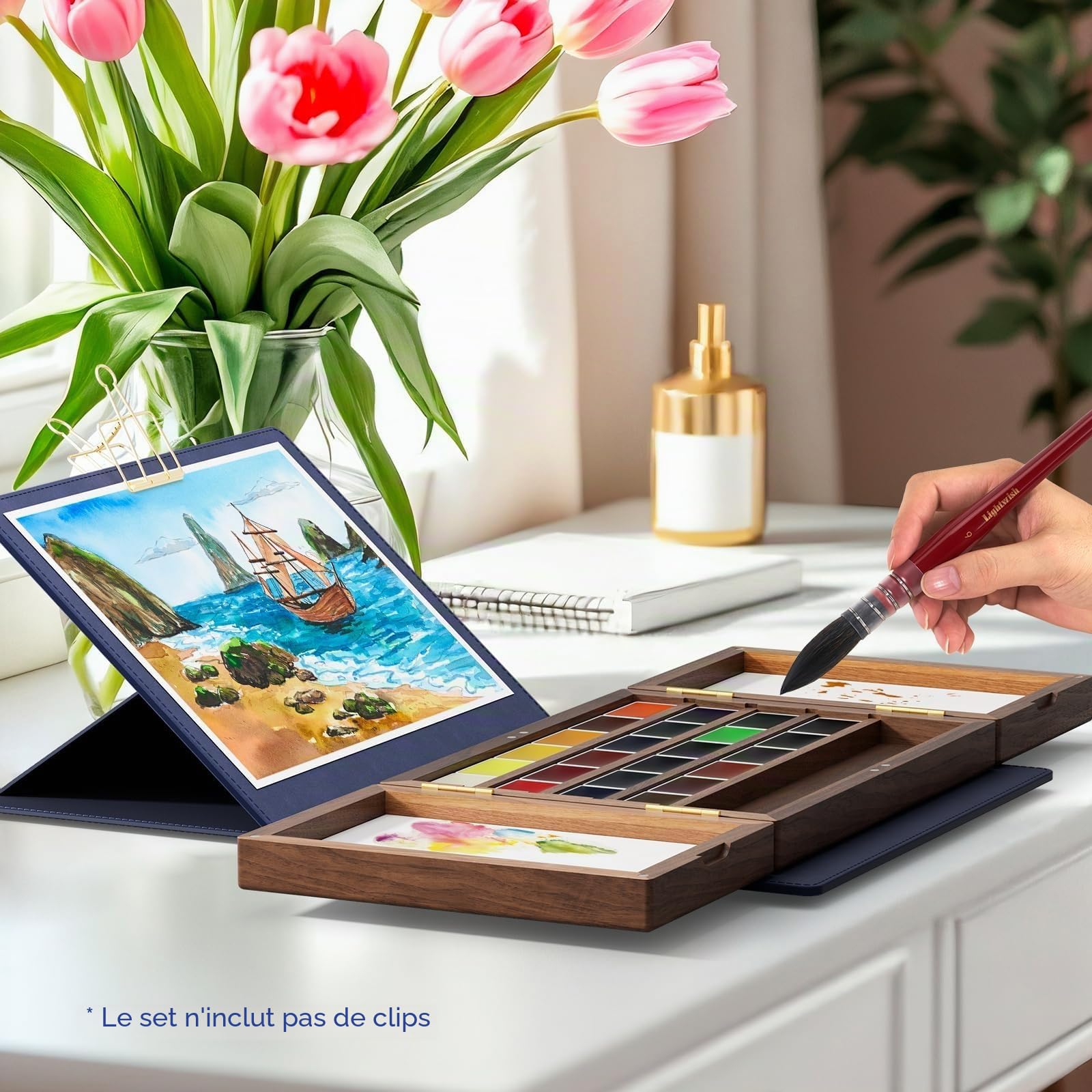 LIGHTWISH Set de Peinture Aquarelle 24 Couleurs Vives avec Palette en Bois de Noyer - Étui Portable en Cuir Végan avec Support Réglable, Palette Voyage pour Artistes