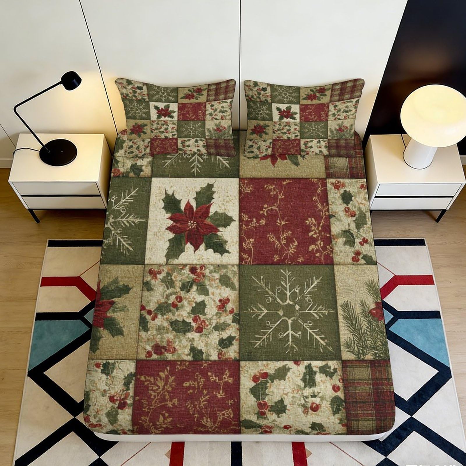Festive Patchwork 3D Printed Fitted Sheet, Microfiber Soft Touch, Wrinkle Resistant, Bedroom Decor, Guest Room Bedding, Red Green Holiday Theme 90x200x25cm