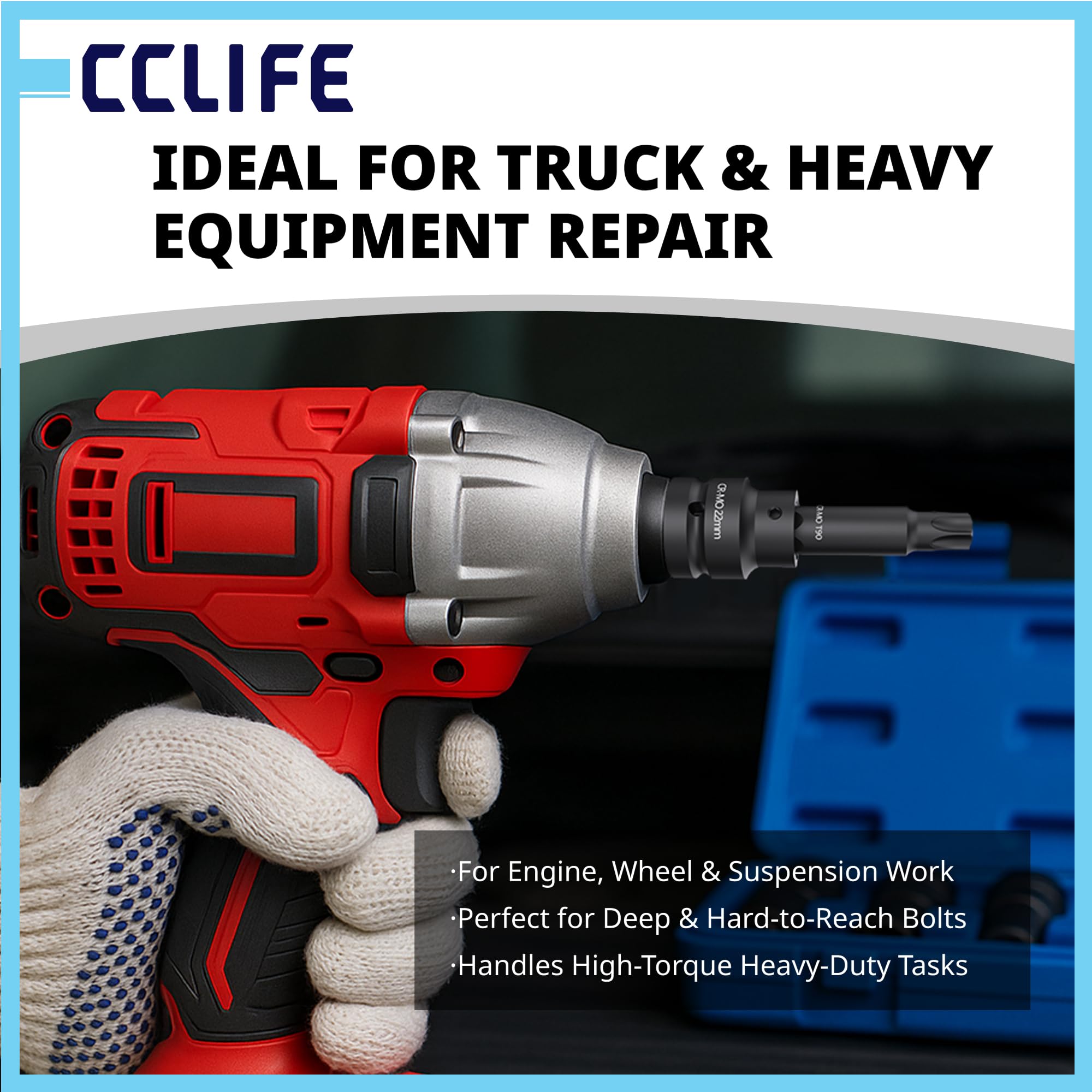 CCLIFE Zestaw wykrętaków śrub do samochodów ciężarowych, 16-częściowy, napęd 3/4" i 1", długość 107 mm stal CR-MO, gniazdo sześciokątne Torx E-profil, do naprawy pojazdów użytkowych i wkrętarek