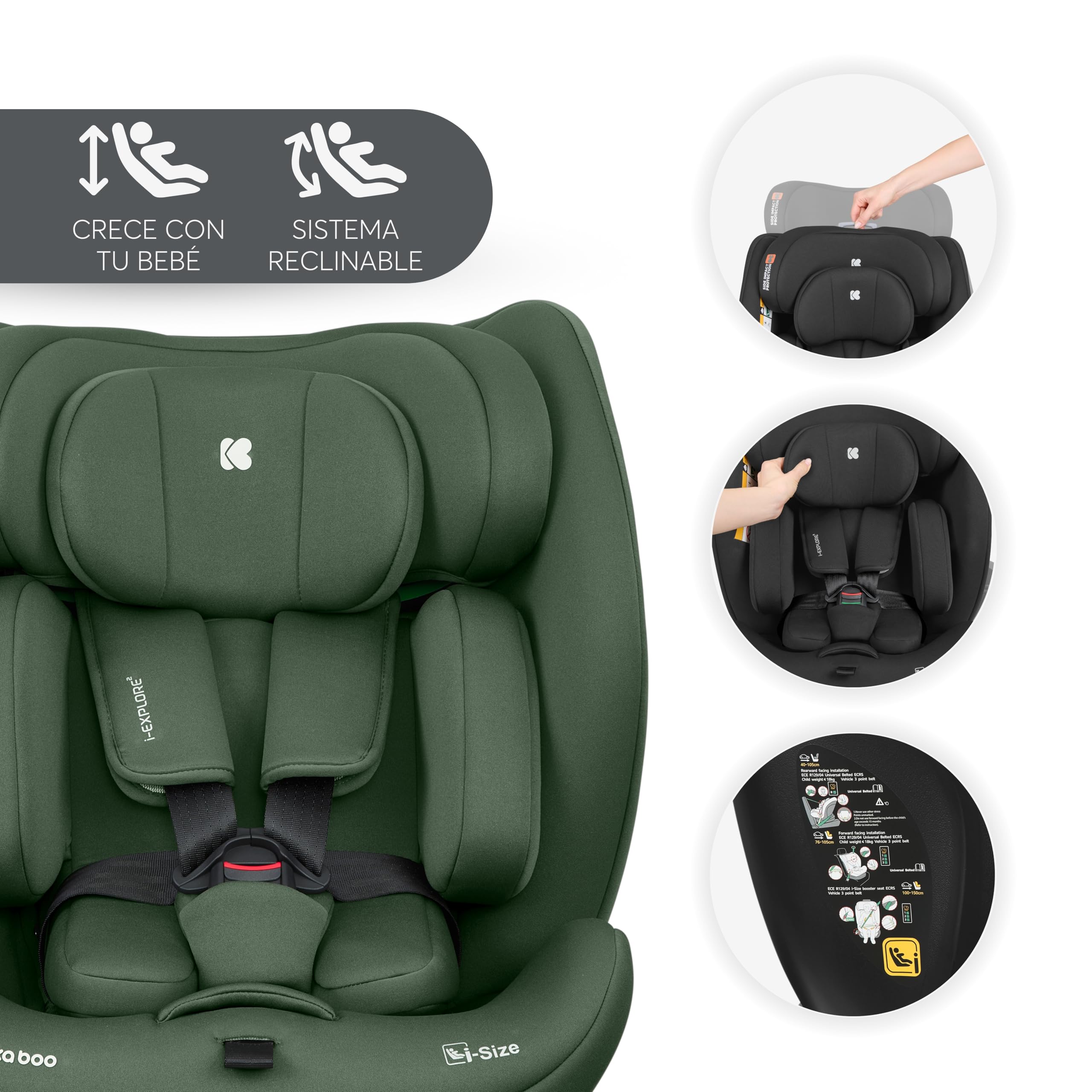 KikkaBoo Silla Coche Bebé i-EXPLORE 2, Grupo 0 1 2 3, i-Size 40-150 cm, Reclinable, 0-12 Años, Reposacabezas 14 Posiciones, Cojín y Arnés 5 Puntos, Army Green