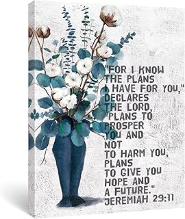 Christian Wall Art Bible Verses Wall Decor Scripture Jeremiah 29 11, Blue Teal Flower Pictures for Rustic Bedroom Bathroom Kitchen Decor, Motivational Quotes Framed Canvas Artwork, 12x16 Inch