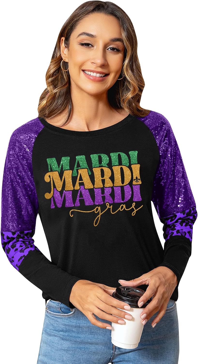 Mardi Shirts for Women Carnival Fat Tuesday Shirt New Orleans Party Mardi Outfit Gifts Sequin Long Sleeve Tee Top - Image 2