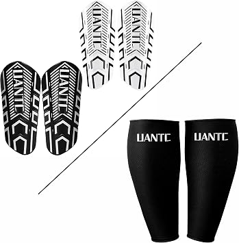 L Size 2 Pairs Shin Pads+2 Pairs Soccer Sleeves - Protective Soccer Equipment for Toddler Kids Youth Adults