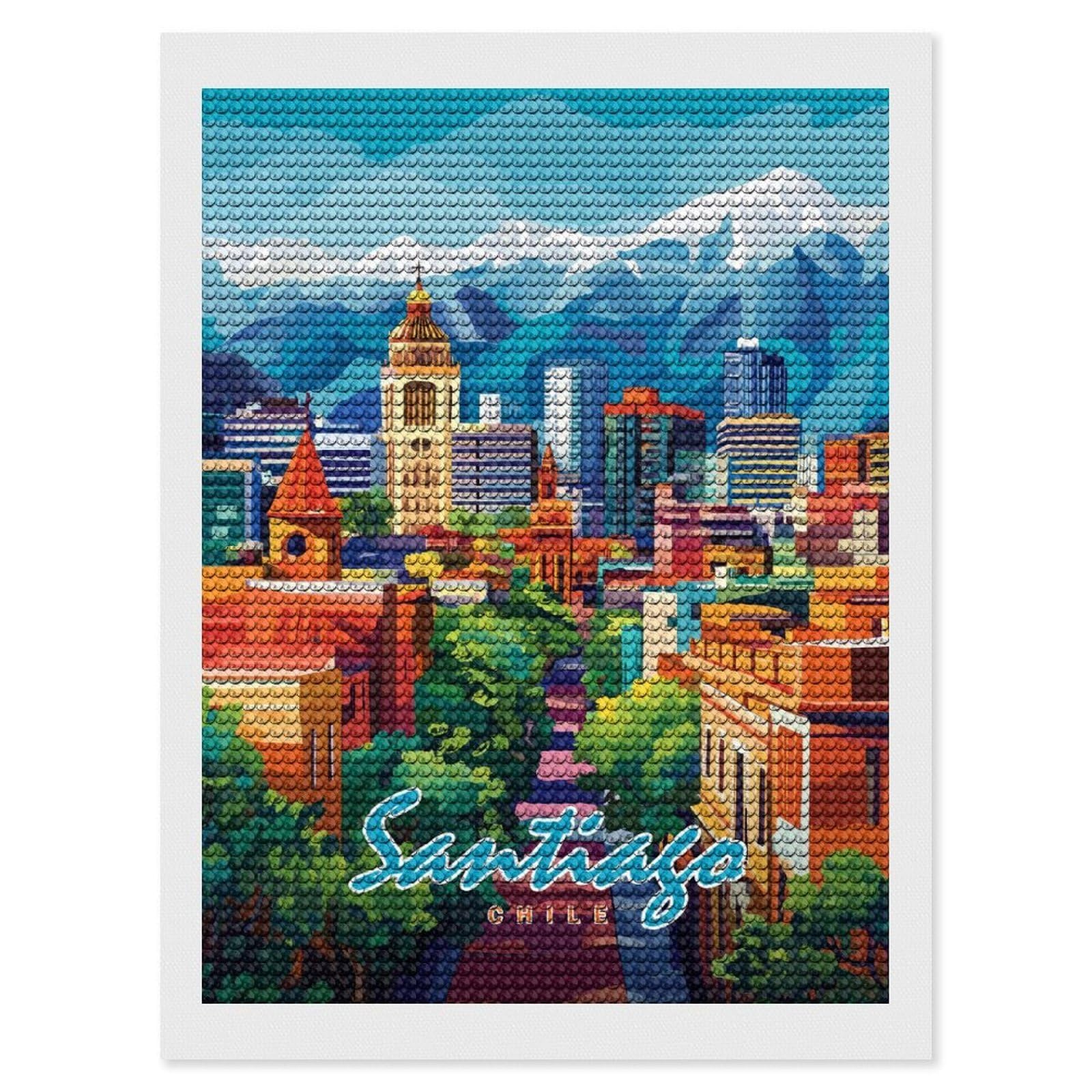 Junmoney Santiago, Chile Cityscape(2) Diamond Painting Kit 12"x16", Easy Handmade Project, Cosy Home Accent, for Craft Lovers, Holiday Gift Idea