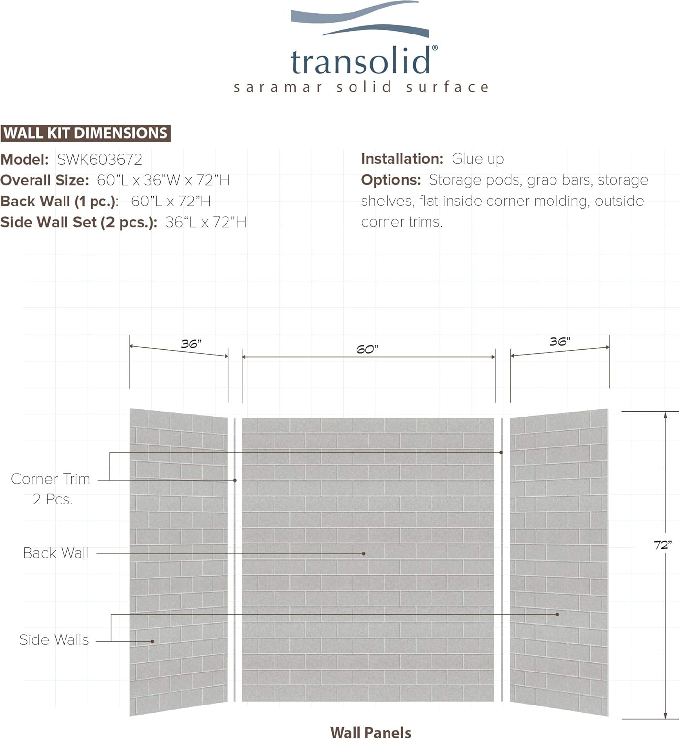 Transolid SWK603672-27 SaraMar 36-in X 60-in X 72-in Glue 3-Piece Shower Wall Kit, Grey Beach