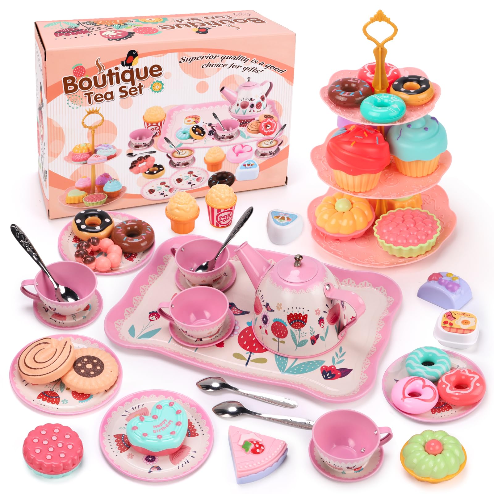 QIZEBABY 48-Piece Princess Pretend Tea Party Set for Girls, Tin