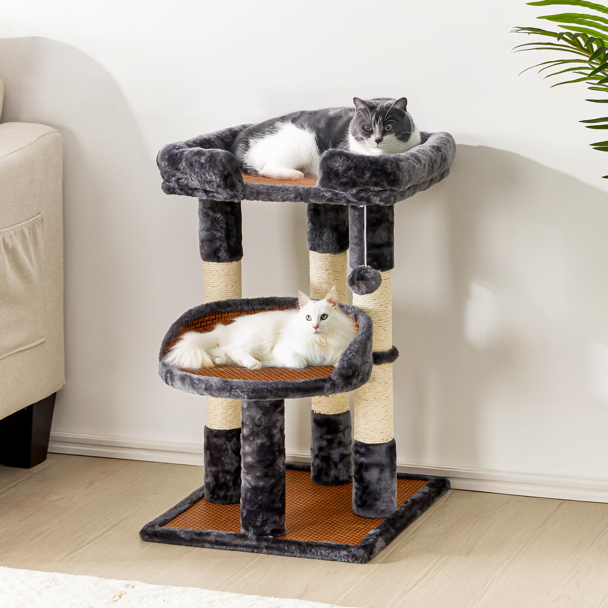 Keygarzone Multi-Level Cat Tower with Scratching Posts, Cat Tree with Double Cat Bed & Hanging Toys, Cute Climbing Tower with Sisal Scratcher for Kittens & Adult Cats, Grey