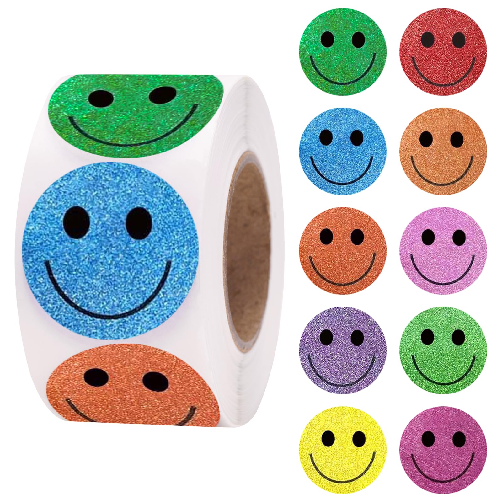 Anwyll Smiley Face Stickers - Happy Face Stickers 500Pcs 1Inch Glitter Smiley Sticker Roll Cute Reward Sticker for Kids Classroom Self-Adhesive Positive Incentive Labels for Teacher Behavior Chart
