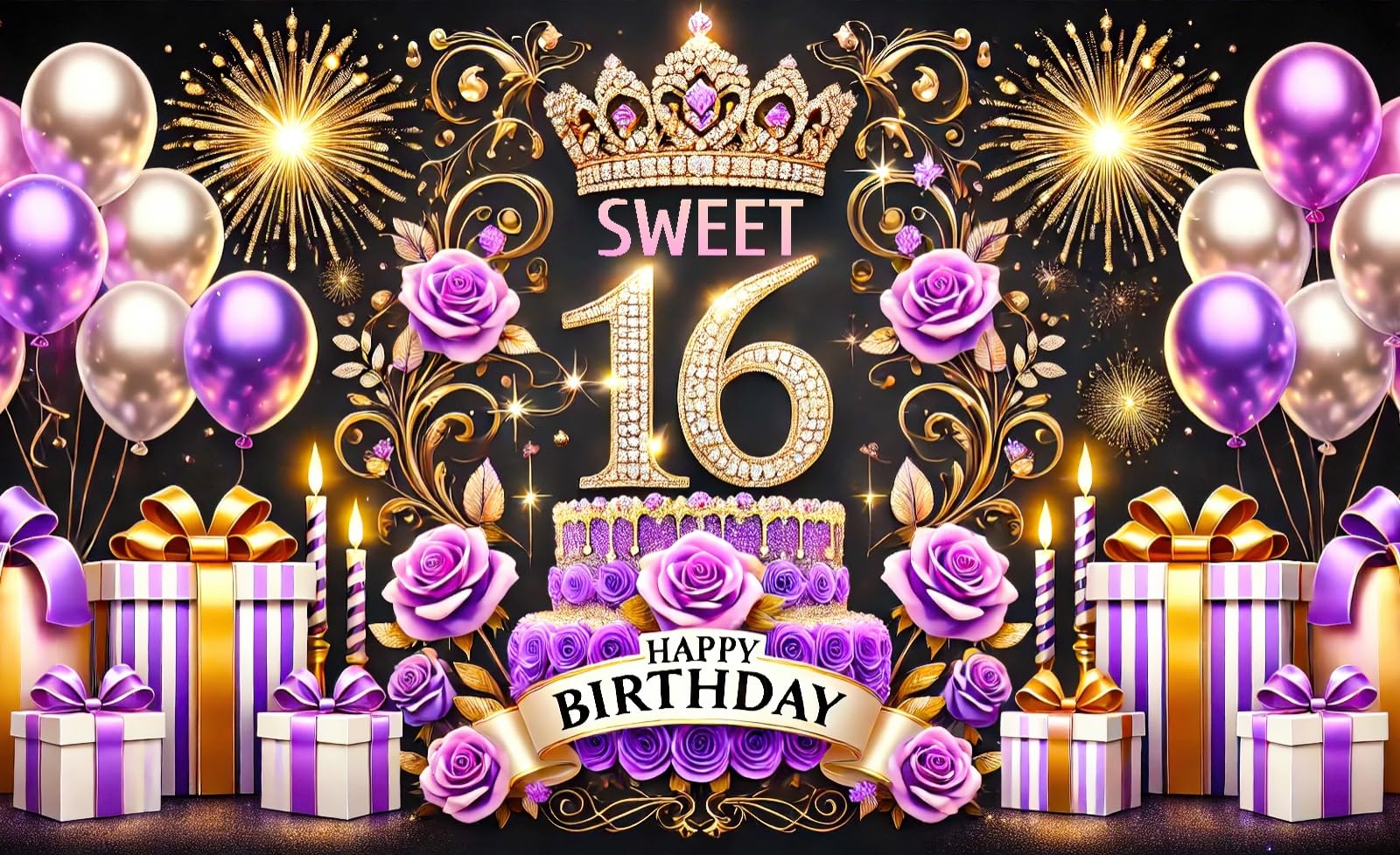 BlissYard 16th Birthday Banner 71x43 Inch Happy 16th Birthday Decorations Purple Happy Birthdays Backdrop Background Purple Backdrop Party Sign