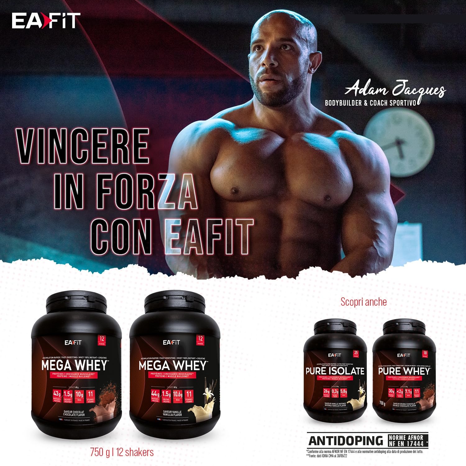 Proteine Whey Mega Whey EAFIT 750g, 100% Proteine in Polvere del Siero del Latte Istantaneo, Cioccolato, BCAA, Creatina, Aminoacidi Enzimi Digestivi, Massa Muscolare, Assorbimento Rapido, Whey Protein | 43 g proteine per shaker, creatina monoidrato 1,5 g,