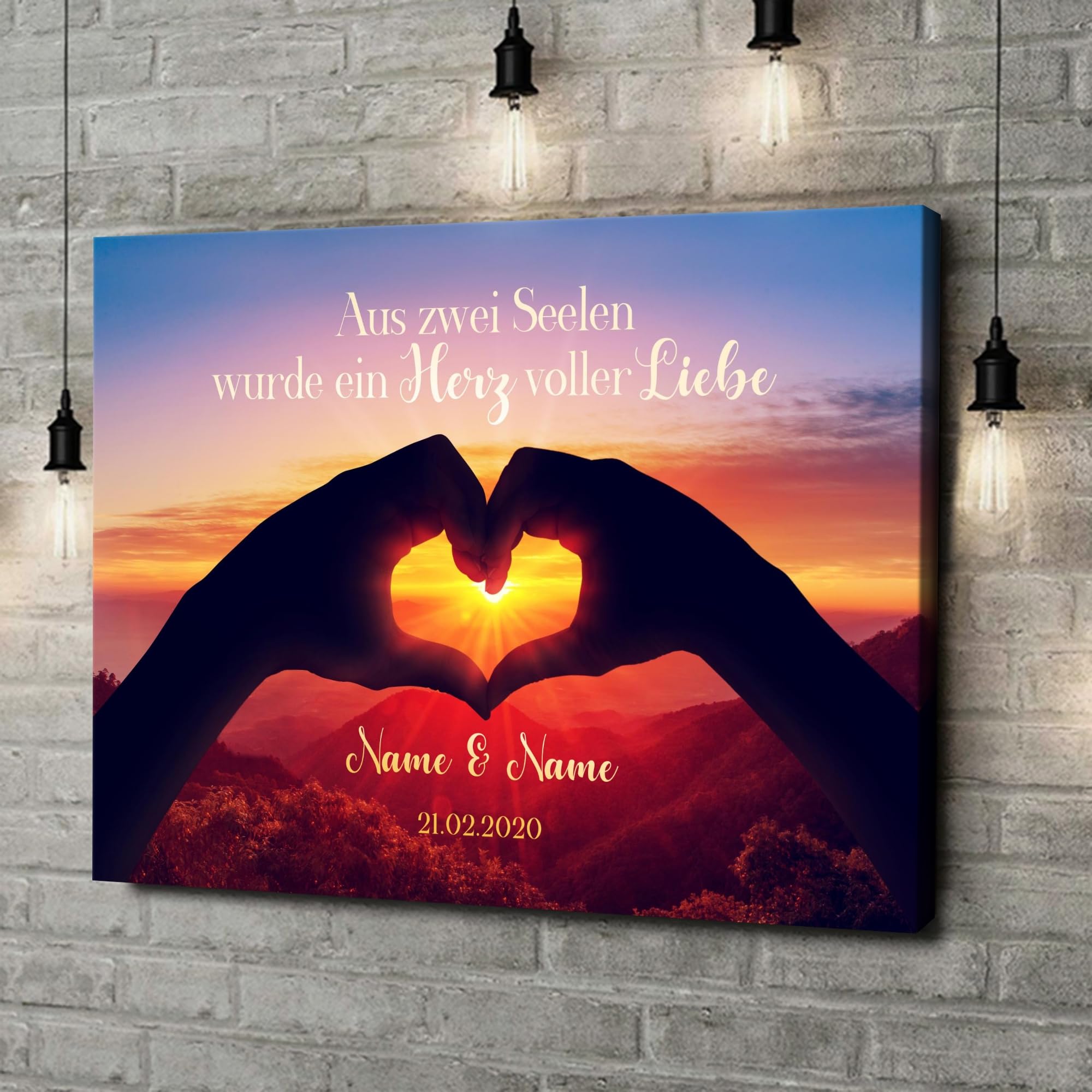 Liebesleinwand Individuelles Wandbild Zwei Seelen werden ein Herz | Jahrestag, Hochzeitstag Geschenke für Frauen | Leinwand mit Namen und Datum gestalten