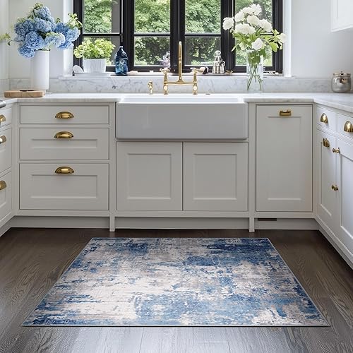 Miniatura 4 de Tapetes lavables de 3 x 5 pies, antideslizantes, con diseño abstracto estampado, suaves, para sala de estar, entrada, dormitorio y guardería, azul,