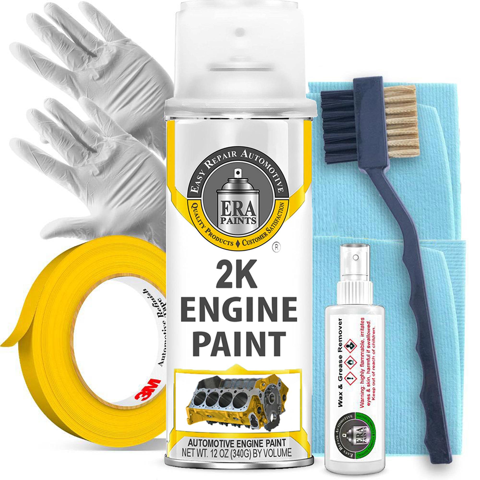 ERA Paints Yellow Engine Paint Kit With Omni-Curing Catalyst Technology - 2K Aerosol Glossy Finish With High Temp Resistance And Extreme Durability Against Color Fade And Chemicals Like Brake Fluid