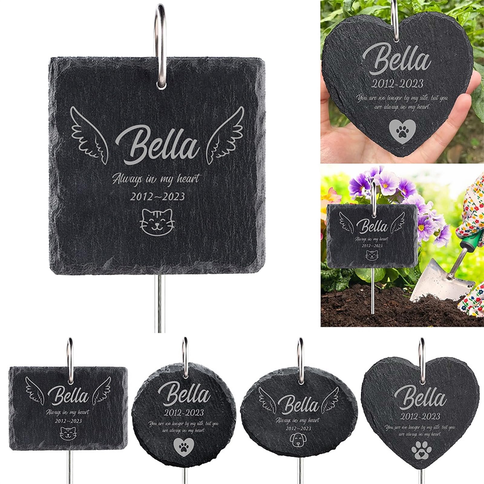MJARTORIA Personalised Pet Memorial Plaque for Dogs & Cats, Weatherproof Grave Plaque with Hook Stake, Customisable Engraved Memorial with Name and Dates (Black Square-1)