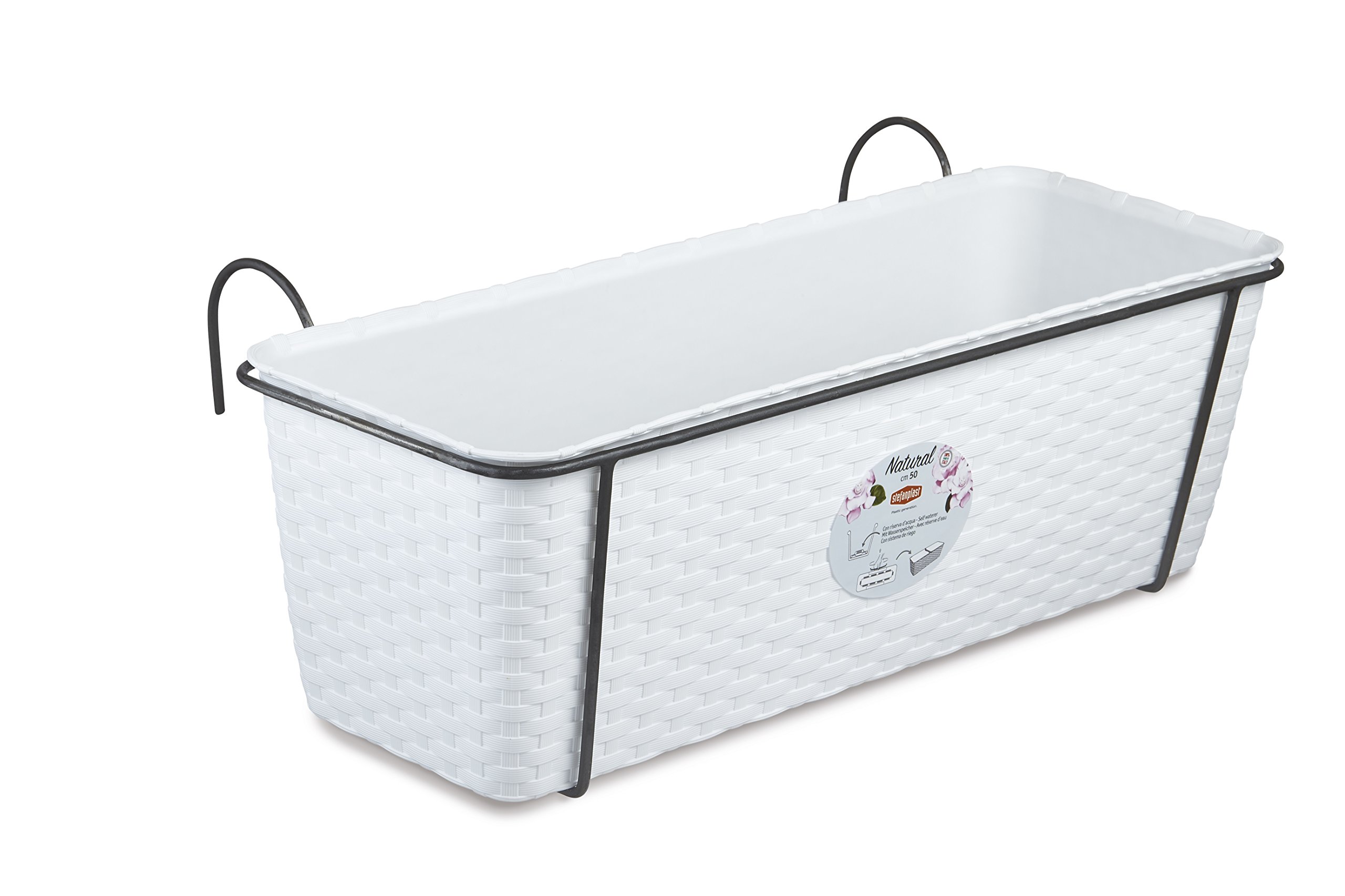 4 Stück Pflanzkasten im Rattan Design mit integriertem Wasserspeicher und Metallrahmen für Geländer Aller Art oder zum Aufstellen, Maße B 50 x H 18 x T 16 cm, Farbe weiß