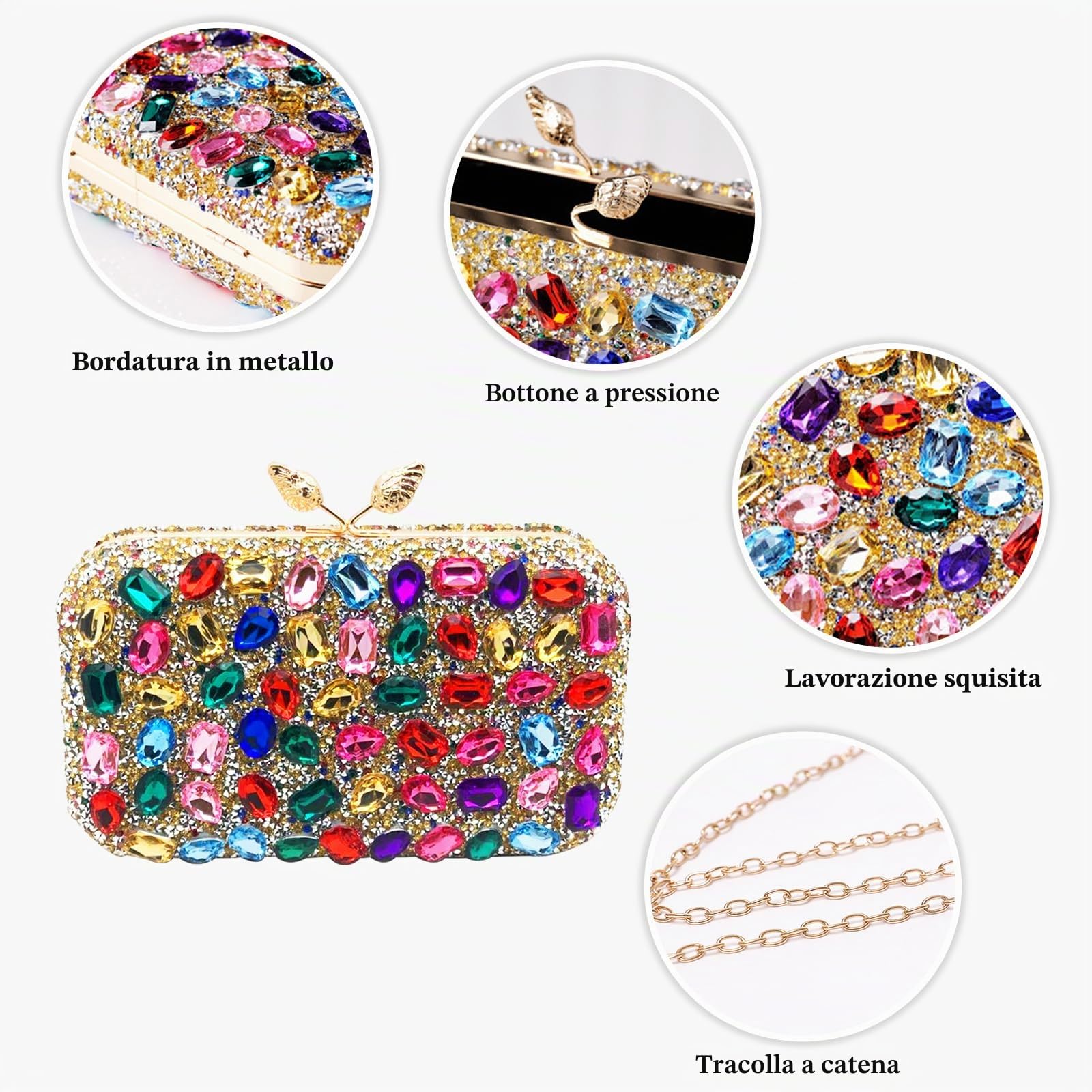 CORIOS Borsetta da Sera con Strass Donna Pochette Piccolo con Catena Elegante Borsa a Tracolla Borsa a Spalla Gorgeous Borse Messenger Ballo Cocktail Cerimonia Festa Clutch Argento
