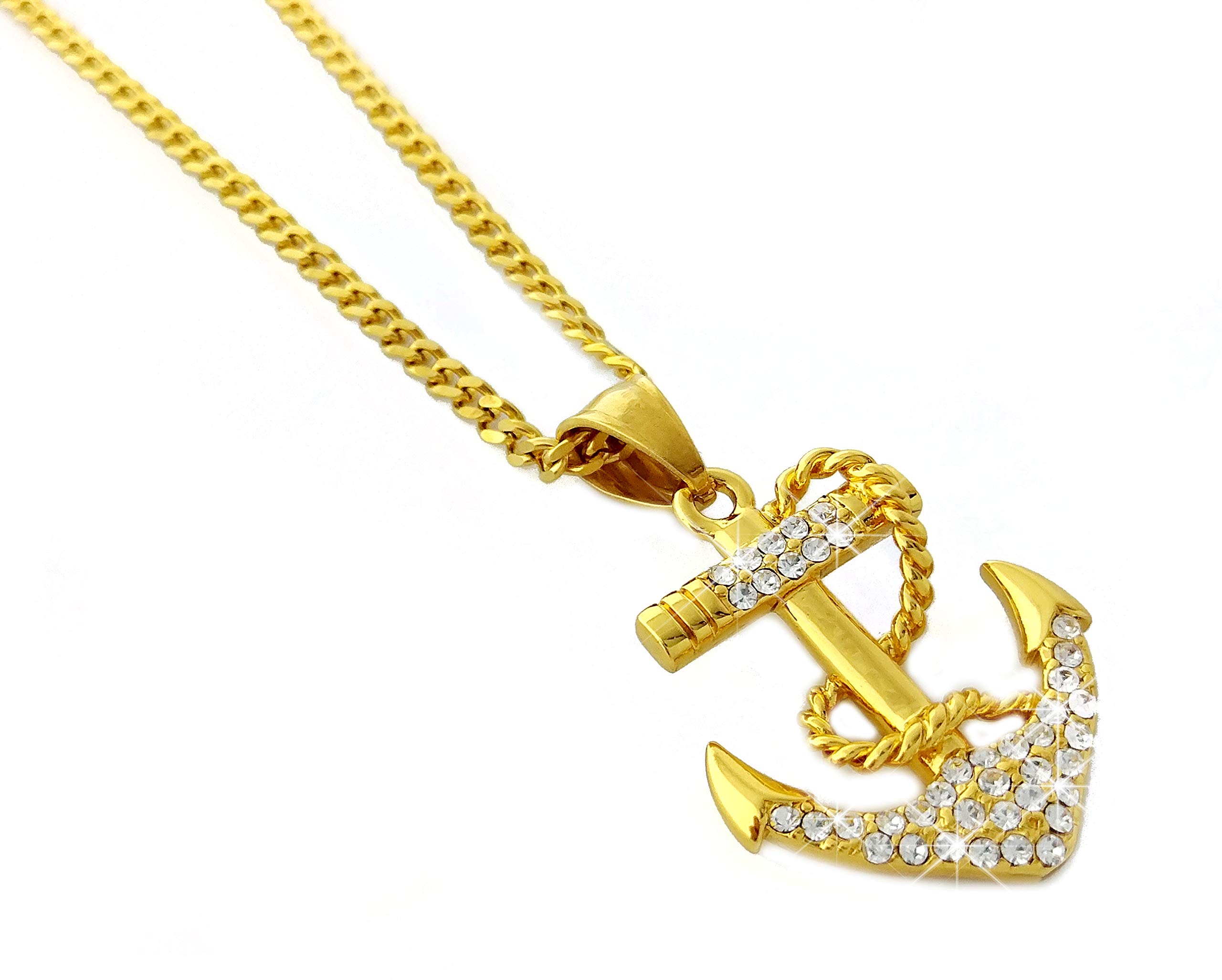 18k Gold Plated Anchor Pendant Stainless Steel Necklace with 24" Cuban Chain
