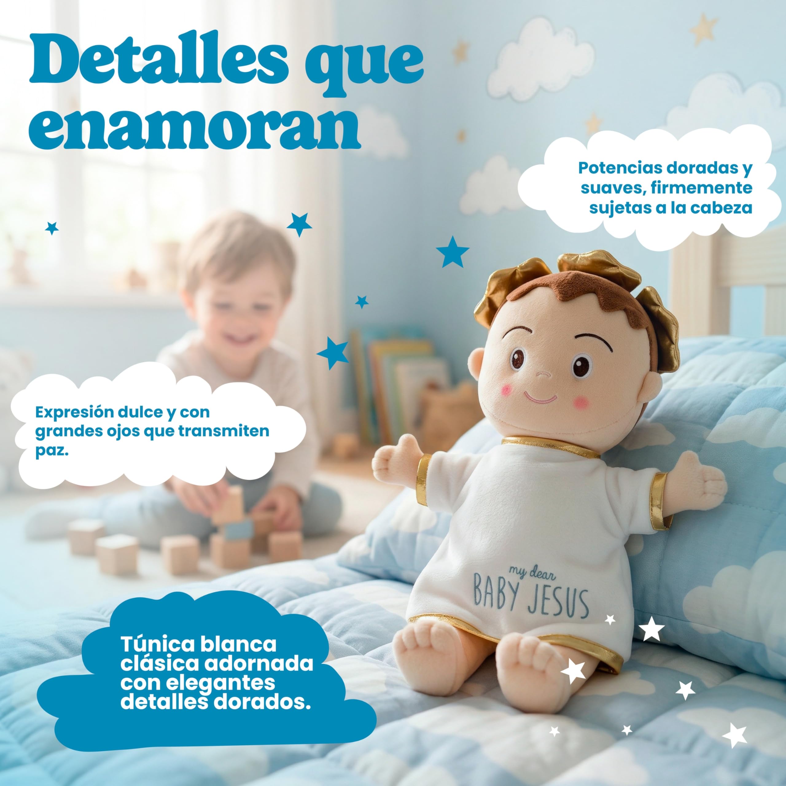 Peluche Niño Jesús 40 cm para Bebé y Niños, Suave y Achuchable para Dormir Rezar y Jugar, Regalo Original Bautizo Nacimiento Navidad, Hipoalergénico Fabricado en España