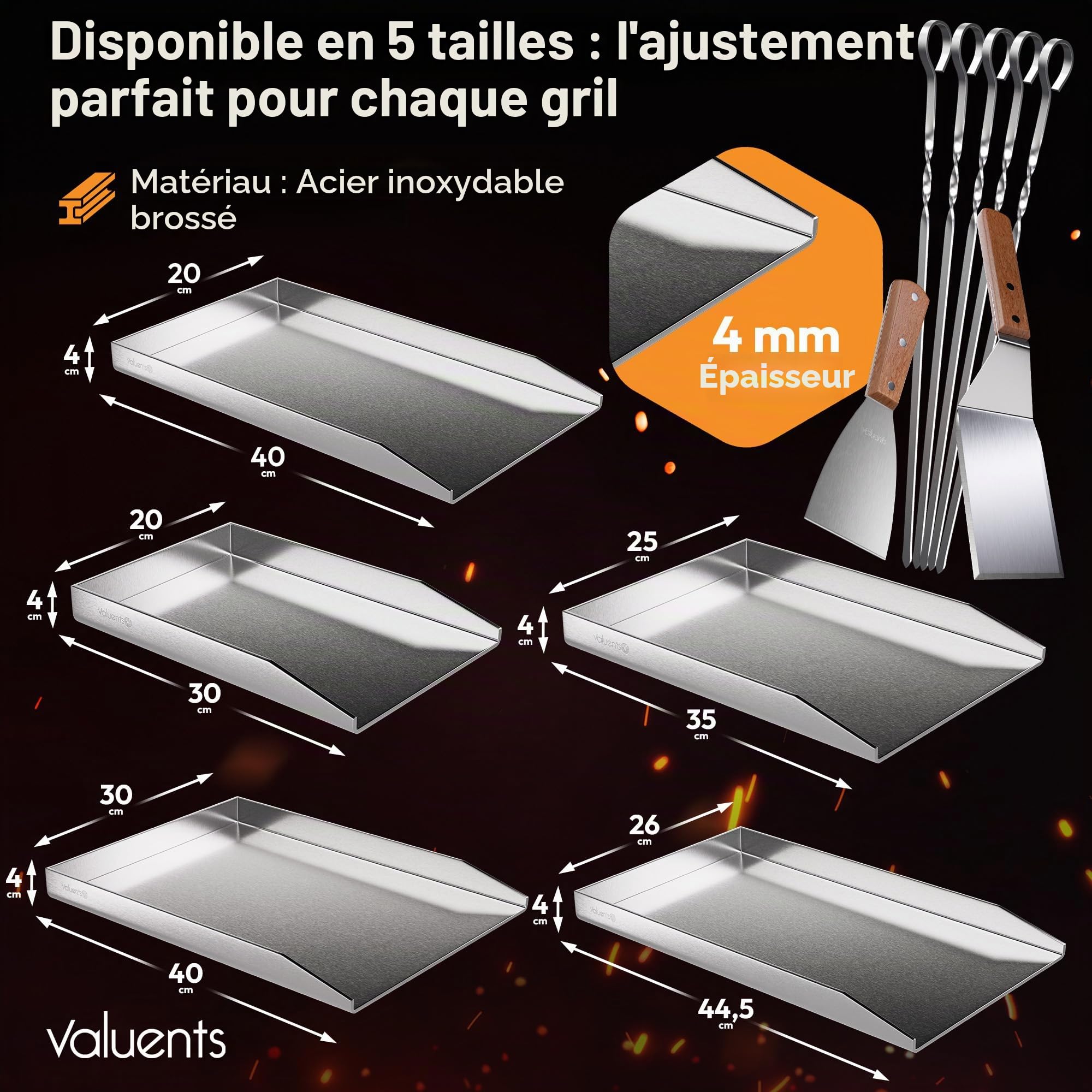 Plancha en acier inoxydable 40 x 30 cm pour barbecue gaz et charbon