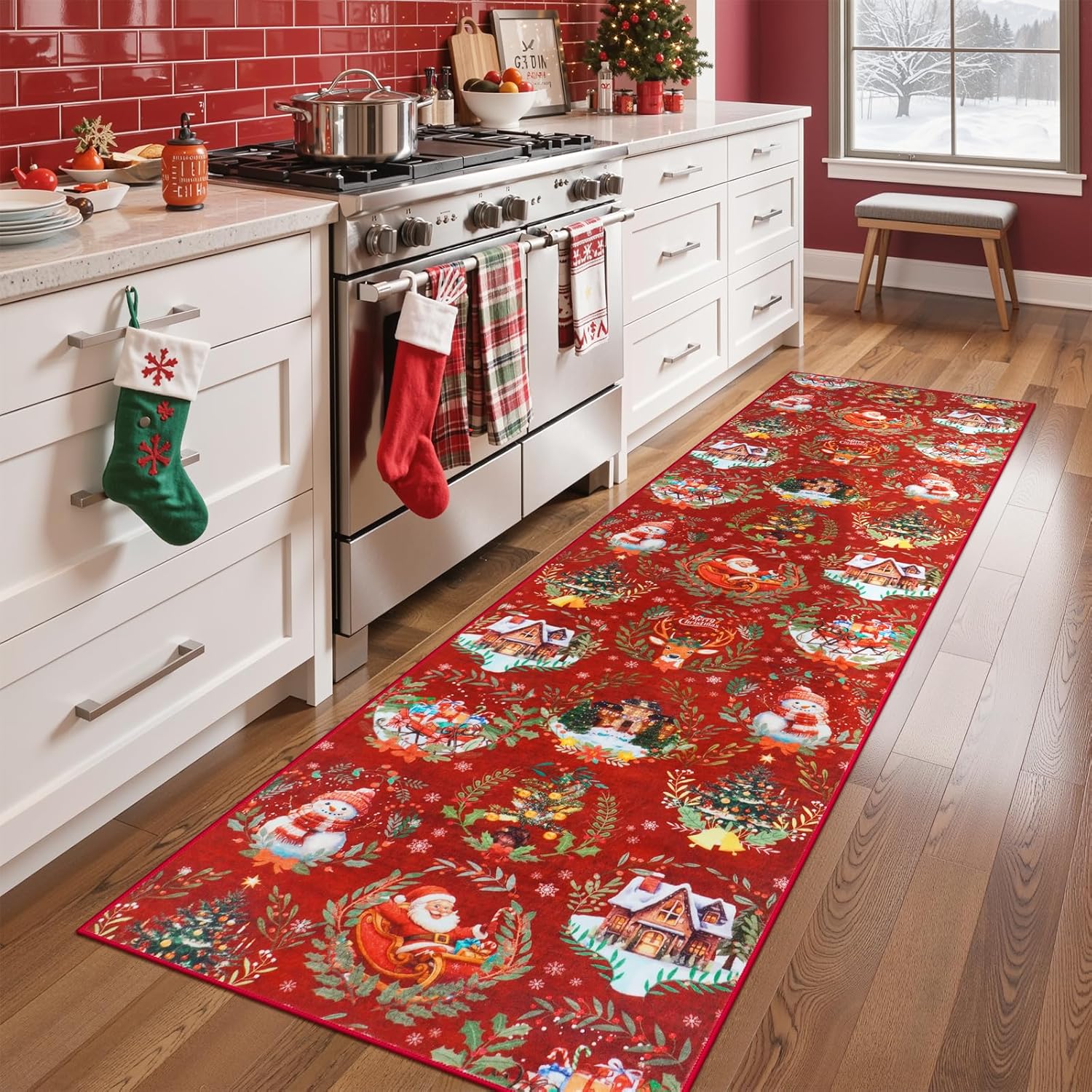 Anidaroel Christmas Runner Rugs for Hallway 2x8, Non Slip Washable Red Kitchen Runner Rug, Low Pile Holiday Xmas Throw Carpet Runner for Entryway Living Room Holiday Decor