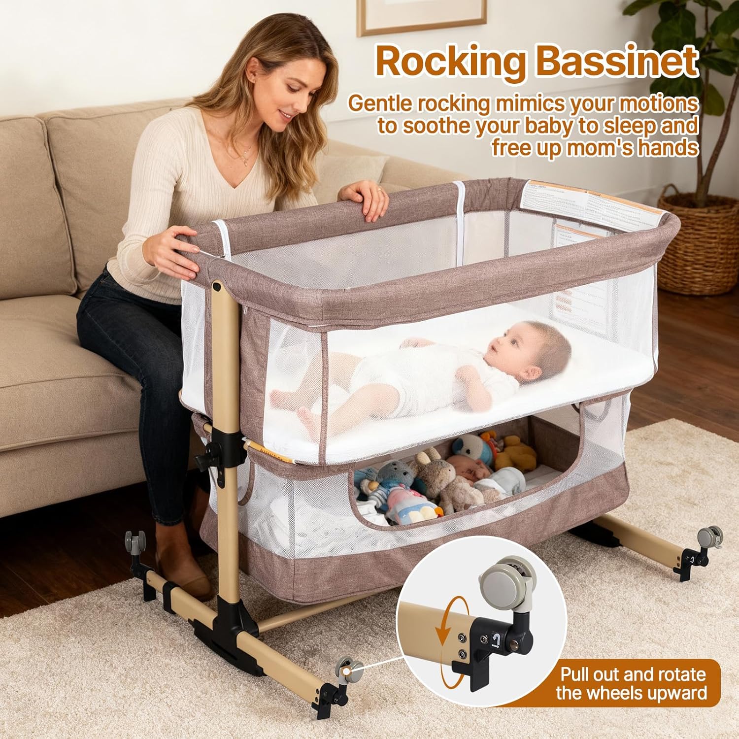 Baby Bassinet Bedside Sleeper, 3-in-1 Bedside Bassinet, 5 Height Adjustable Rocking Bassinet, Breathable Full Mesh, Mosquito Net, Storage Basket, Stable and Secure Bassinets for Newborn (Khaki)