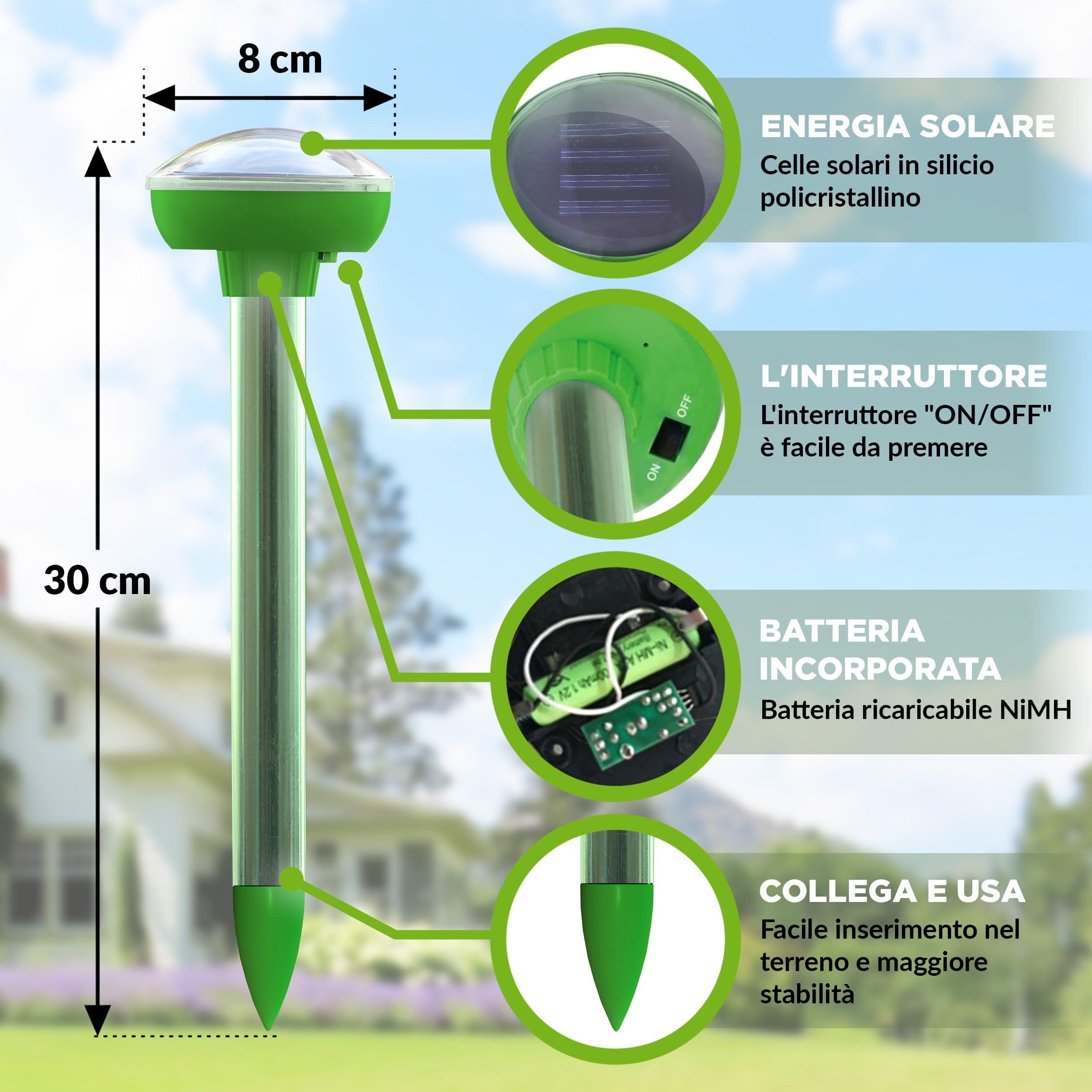 ISOTRONIC Repellente solare per talpe, arvicole e serpenti – Repellente per talpe con picchetto da giardino – Repellente per talpe con raggio d'azione effettivo di 700 m² (6 pezzi)