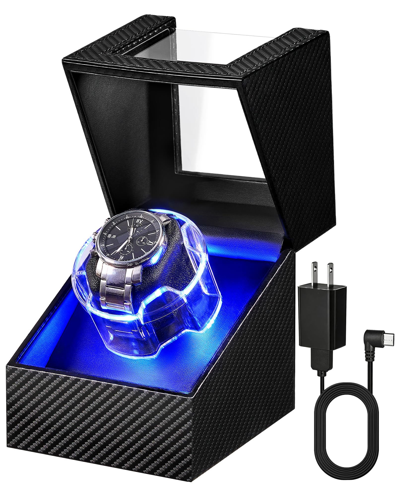 Automatic Single Watch Winder Box,4 Modes, Quiet Motor, Type-C Adapter, LED