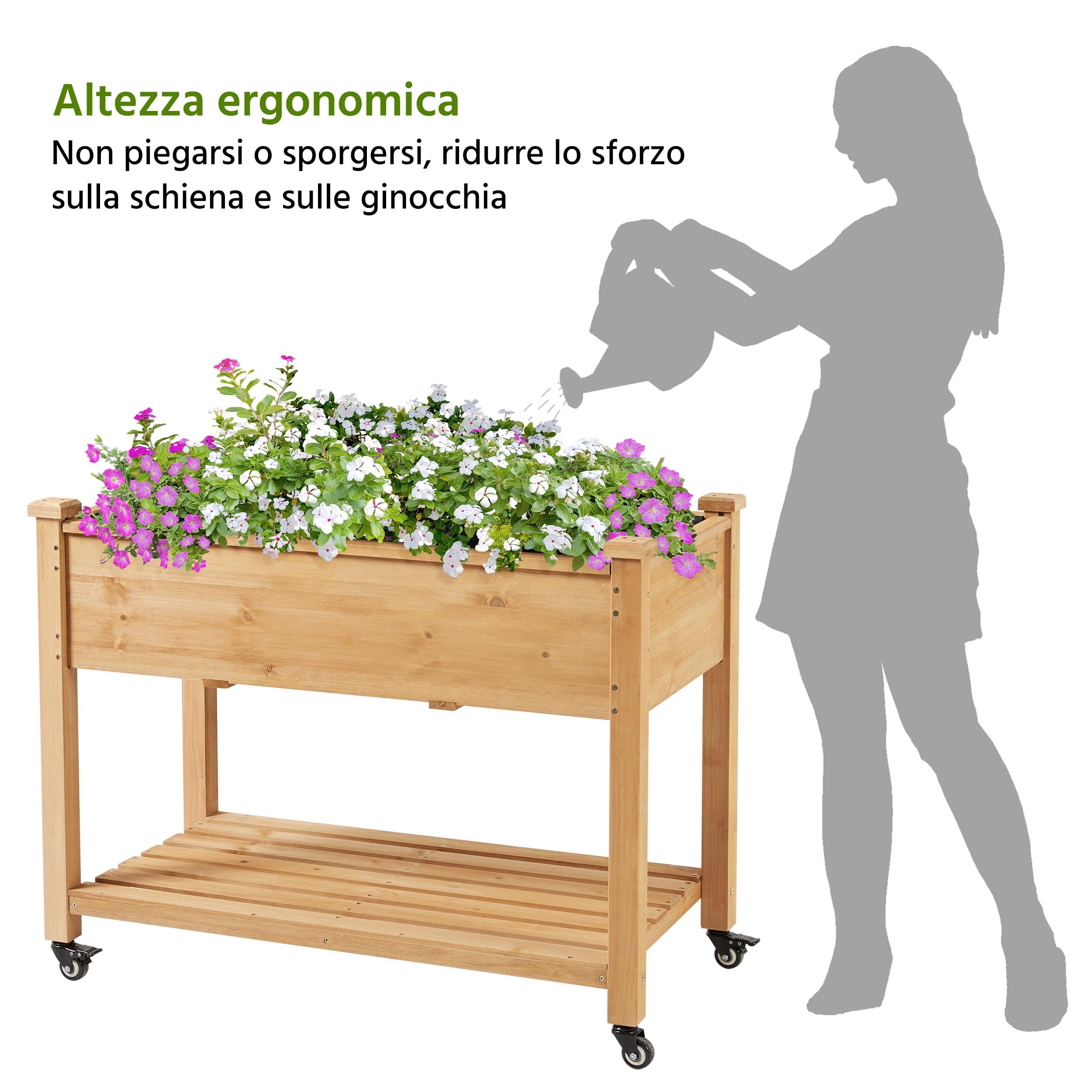 Yaheetech Fioriera/Aiuola Rialzata da Esterno Balcone Orto Letto Rialzato da Giardino per Piante in Legno Abete con Ruote Ripiano 105,5 x 56,5 x 83,5 cm