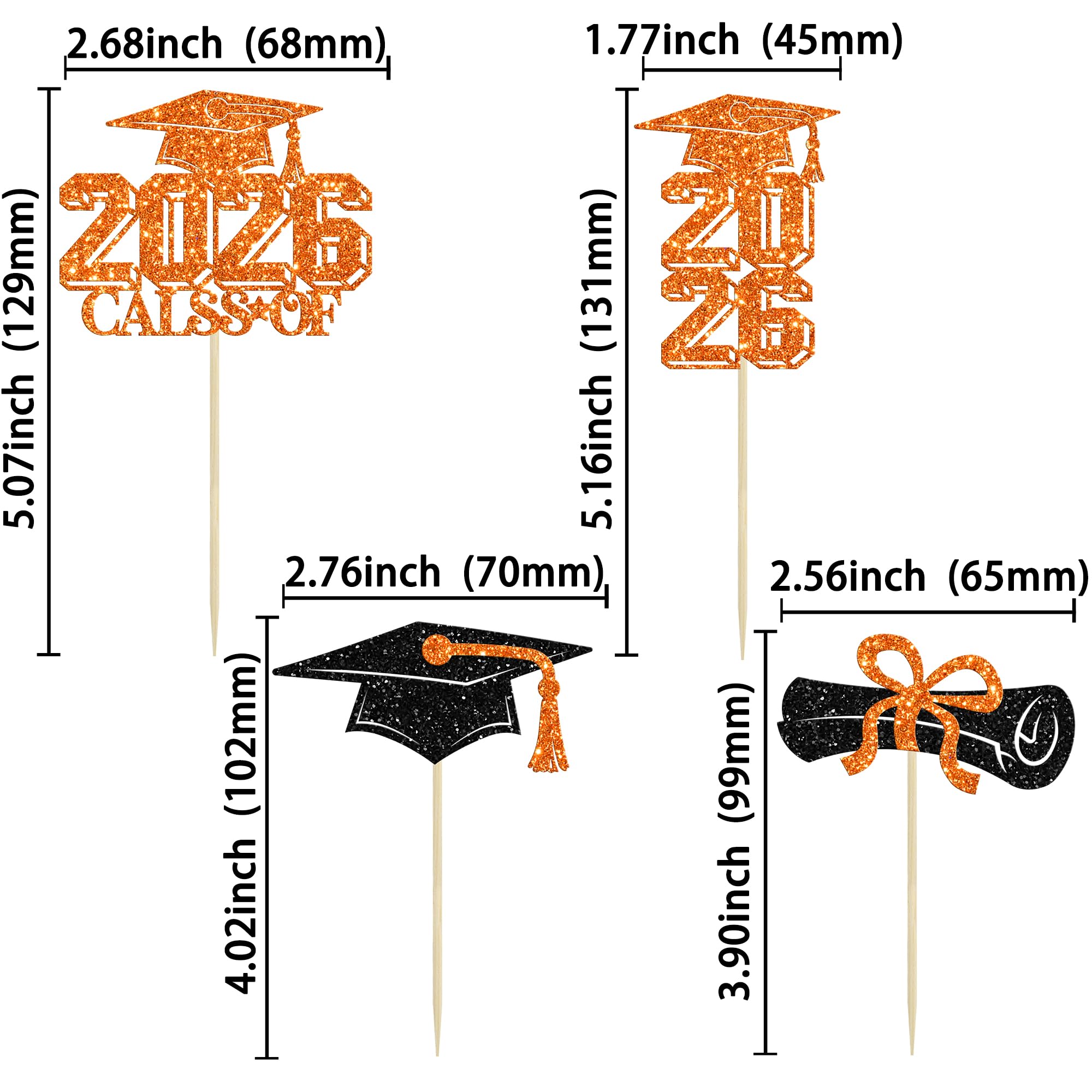 Gyufise 36Pcs 2026 Graduation Theme Cupcake Toppers Glitter Class of 2026 Diploma Grad Cap Cupcake Picks 2026 Graduation Theme Party Cake Decorations Supplies Orange - Image 2