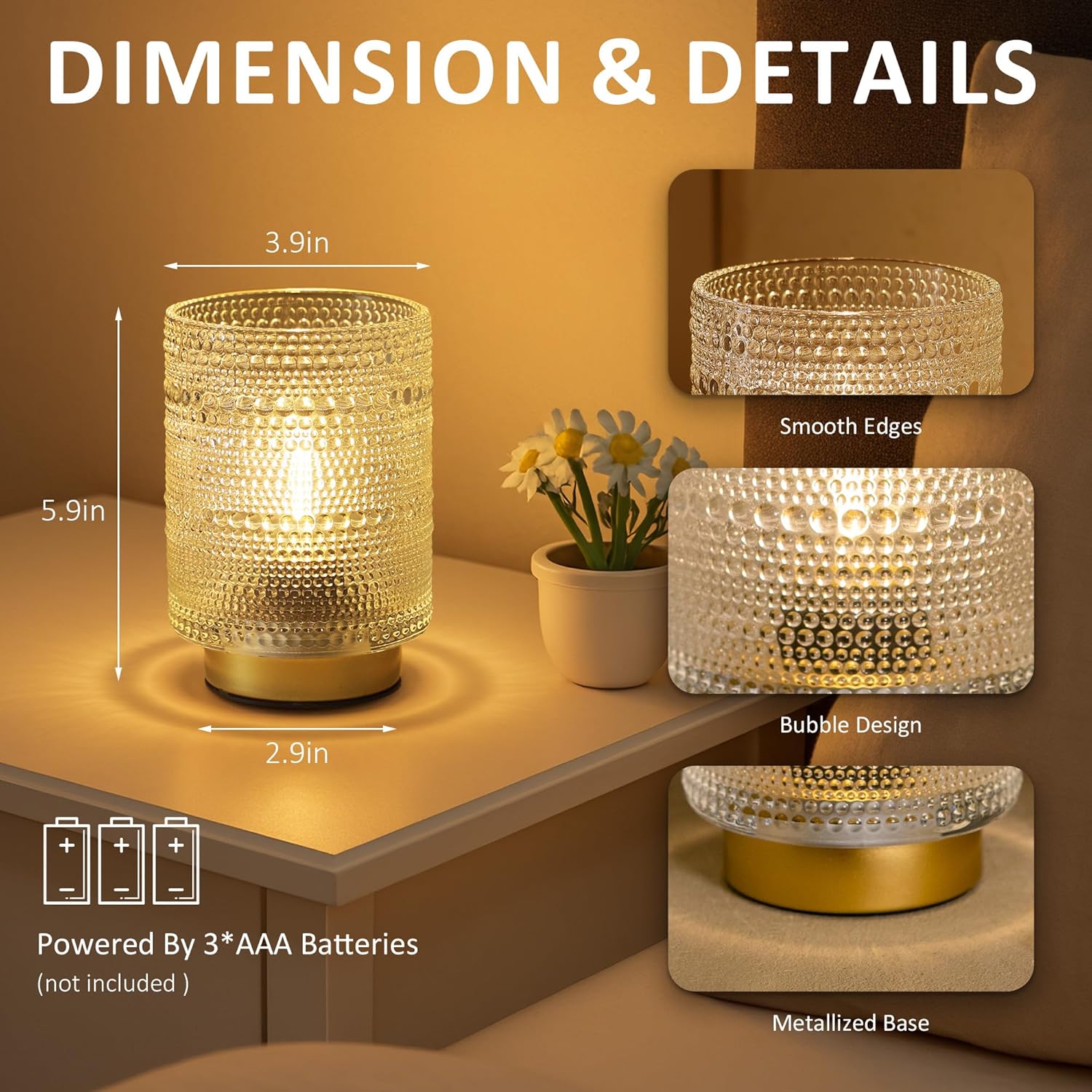 2 Pack Battery Operated Decorative Aesthetic Lamp with Timer for Dorm/Office/ Patio/Bedside/,Small Cordless Table Lamps with LED Warm Bulb for Shelf/Coffee Table/Entryway/ Mantle/Dresser Decor(Clear)