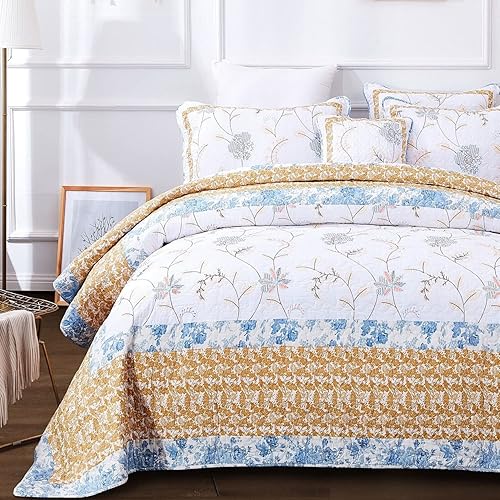 Tache Queen - Juego de edredón de algodón con bordado floral, reversible, ligero, para invierno, color blanco, amarillo, azul, tamaño Queen