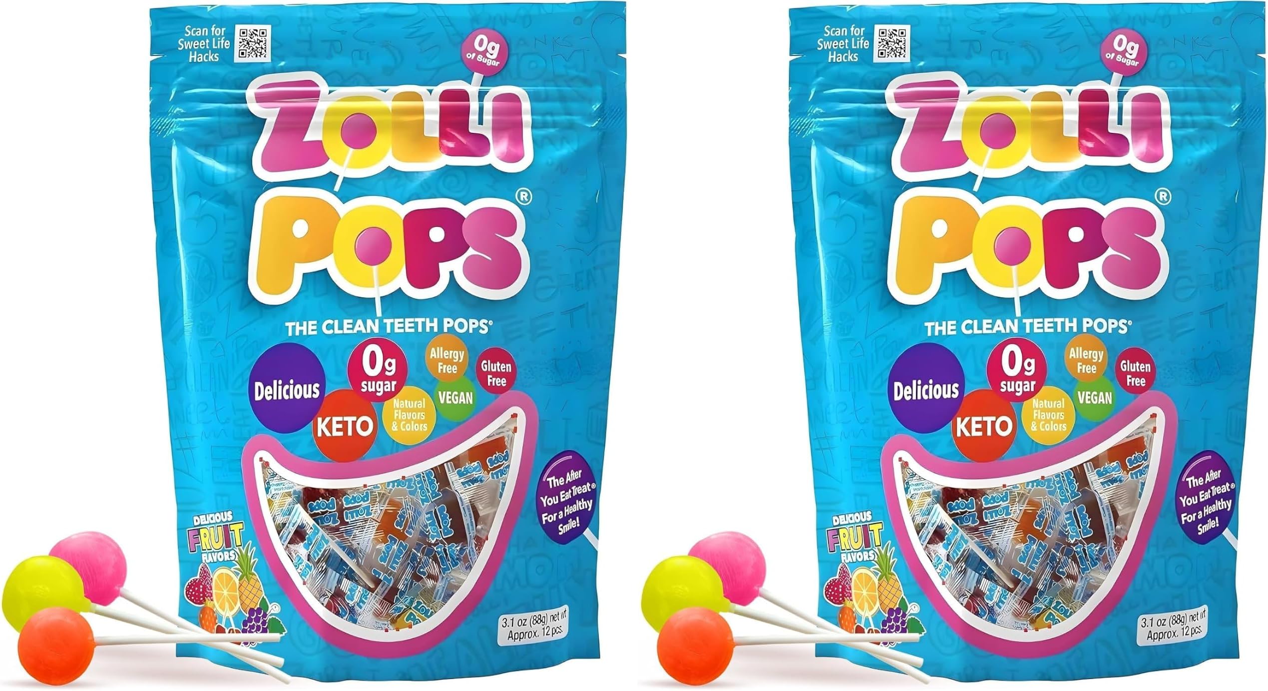 Clean Teeth Lollipops - AntiCavity Sugar Free Candy for a Healthy Smile Great for Kids, Diabetics and Keto Diet. Natural Fruit Variety, 3.1 Ounce (Pack of 2)