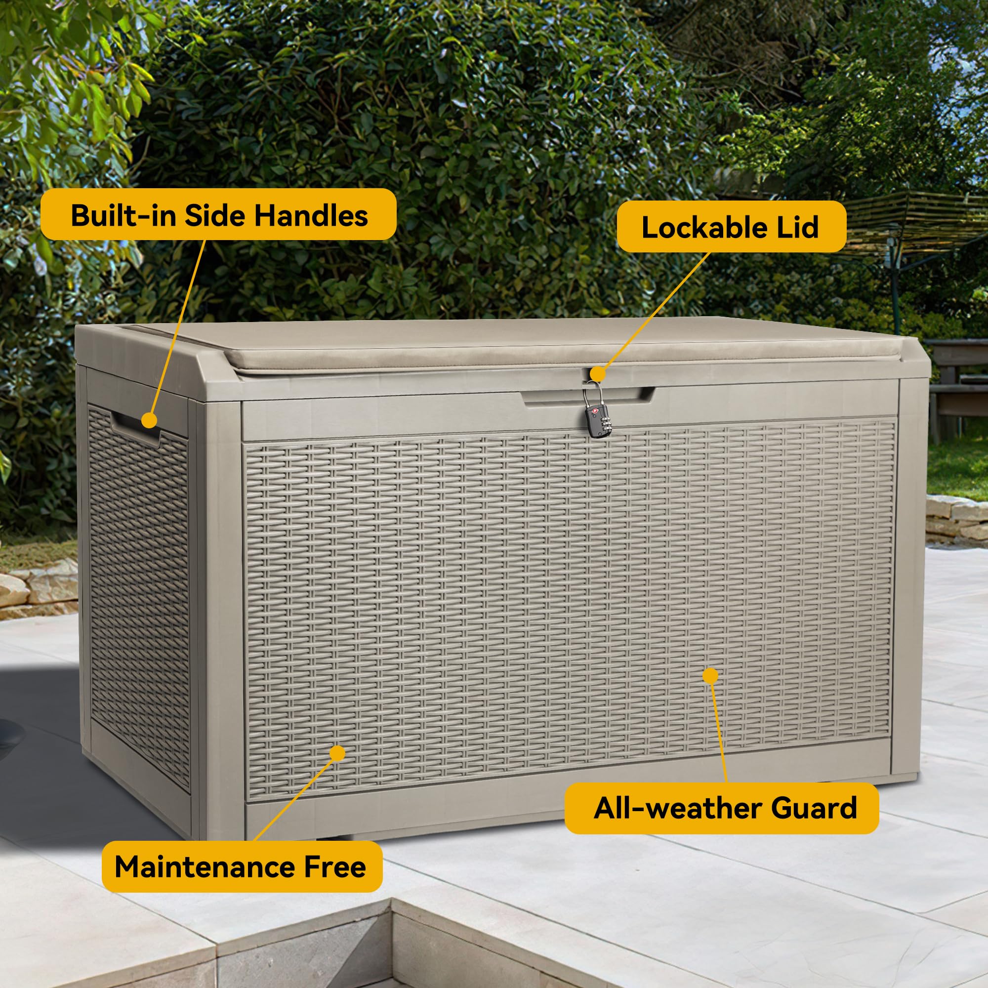 YITAHOME Scatole da giardino in resina resistenti, 380 l, impermeabili, resistenti alle intemperie, robuste, con serratura, 121 x 54 x 61 cm (marrone chiaro)