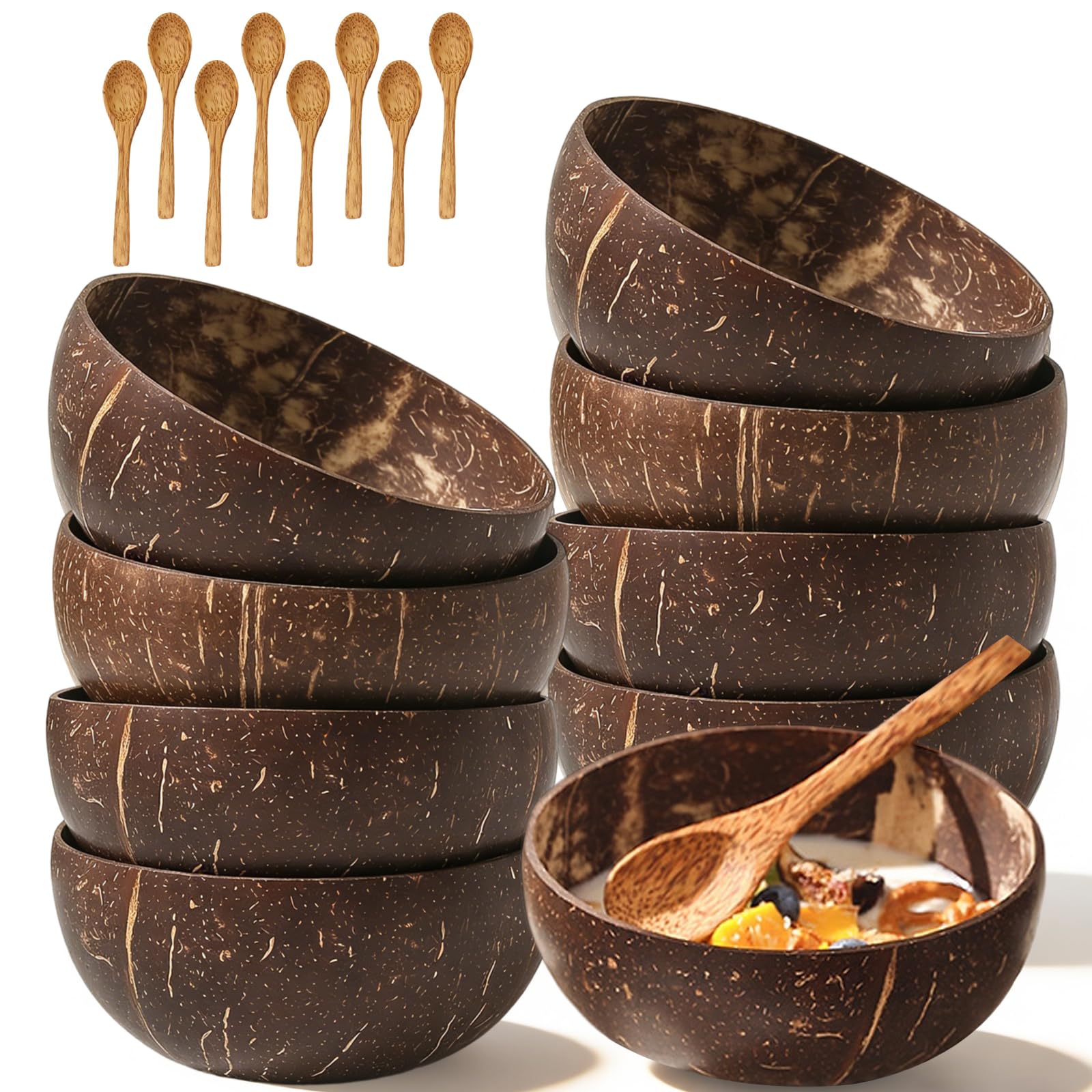 ZYETGH Natural Wooden Coconut Bowl Set of 8, 400 ml Coconut Shell Bowls with 8 Wooden Spoon Polished Salad Serving Bowl for Vegan Fruit Shake Dessert