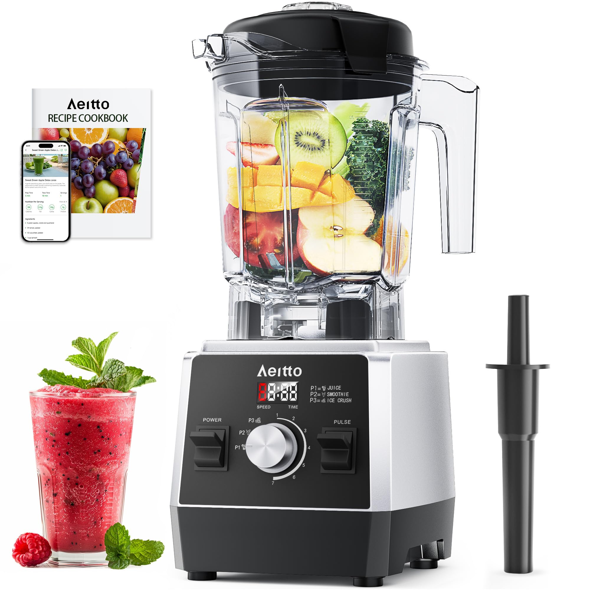 Aeitto Blenders for Kitchen 1800W Professional Countertop Blender, 68Oz Large Capacity Smoothie Blender with 3 Programs &amp; 7 Speeds for Smoothies, Ice Crush, Frozen Drinks, Black