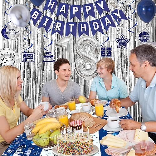 Miniatura 5 de Decoraciones de cumpleaños número 18 para niños y niñas, azul plateado, decoraciones de feliz cumpleaños 18, globos de cumpleaños número 18,