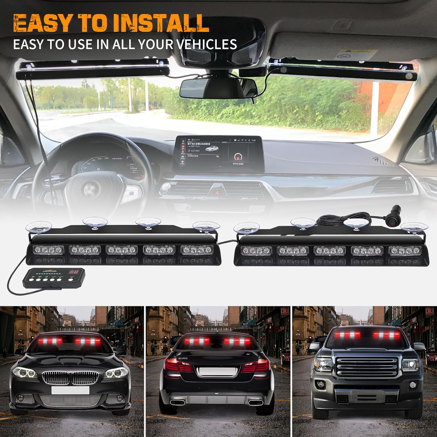XRIDONSEN 2x 17 inch Red White Emergency Lights for Vehicles 40 LED Emergency Dash lights Interior Front/Rear Windshield Strobe Lights Safety Flashing Warning for Volunteer Firefighter Vehicles Trucks