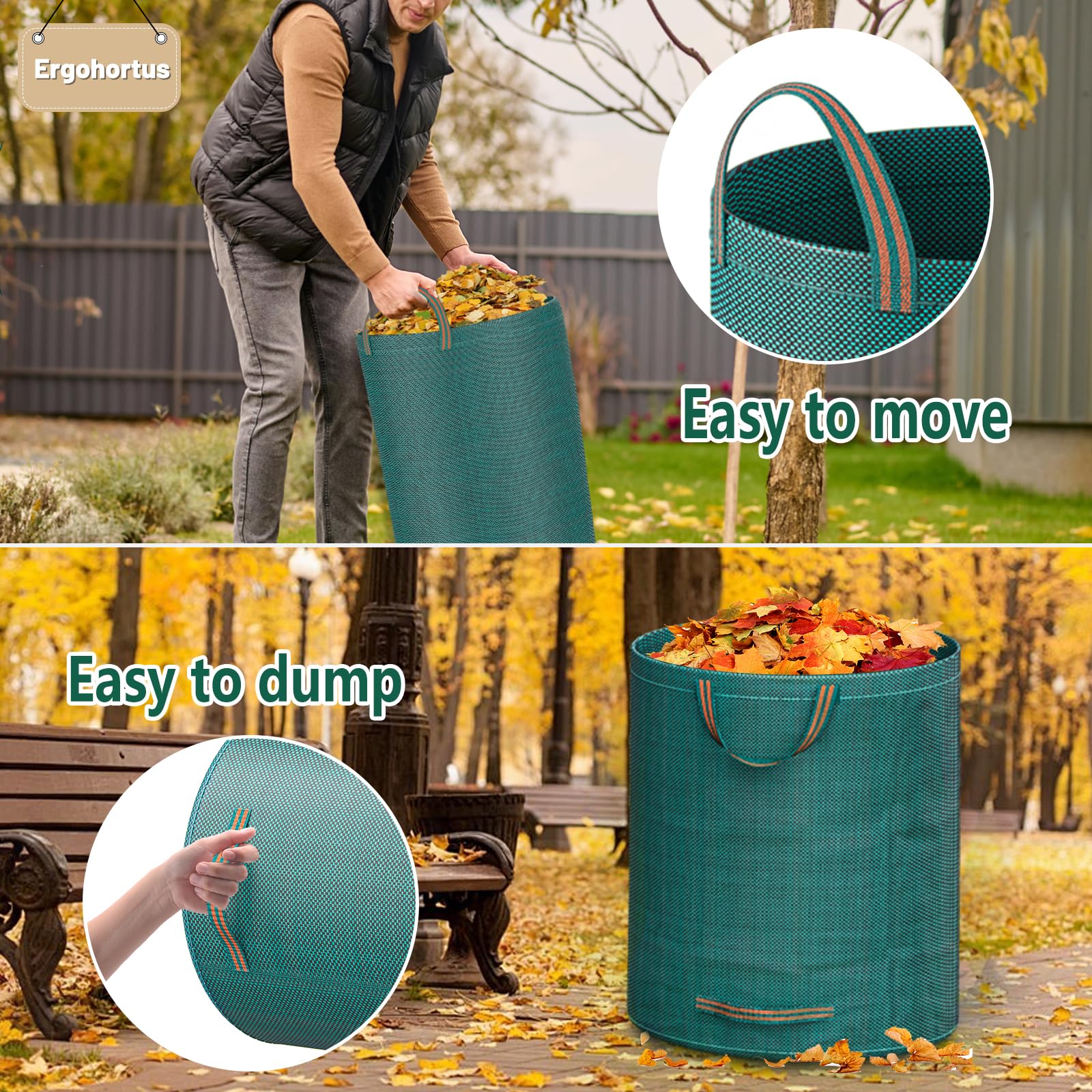 Sac Déchets Verts Résistant Ergohortus – 3x500 L Sacs à Déchets de Jardin Réutilisables avec Poignées, Sacs Végétaux de Jardin Pliables Pour Feuilles et Déchets– Sacs Poubelles de Jardin Imperméables
