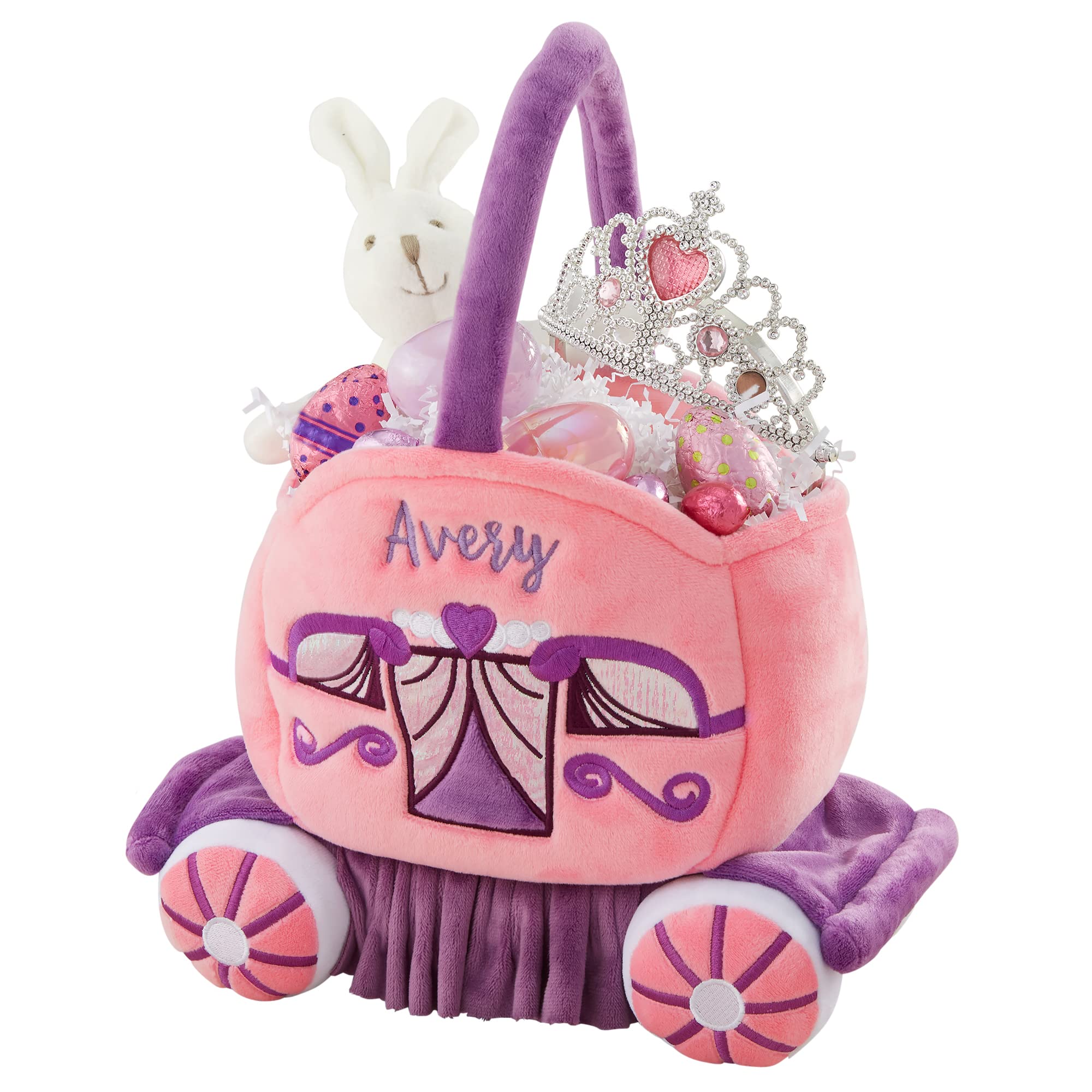 Personalization Universe Princess Carriage Embroidered Plush Easter Basket, Personalized Baby Basket with Reinforced Handles, Ideal for Easter Basket Stuffers, Pink and Purple, Girls
